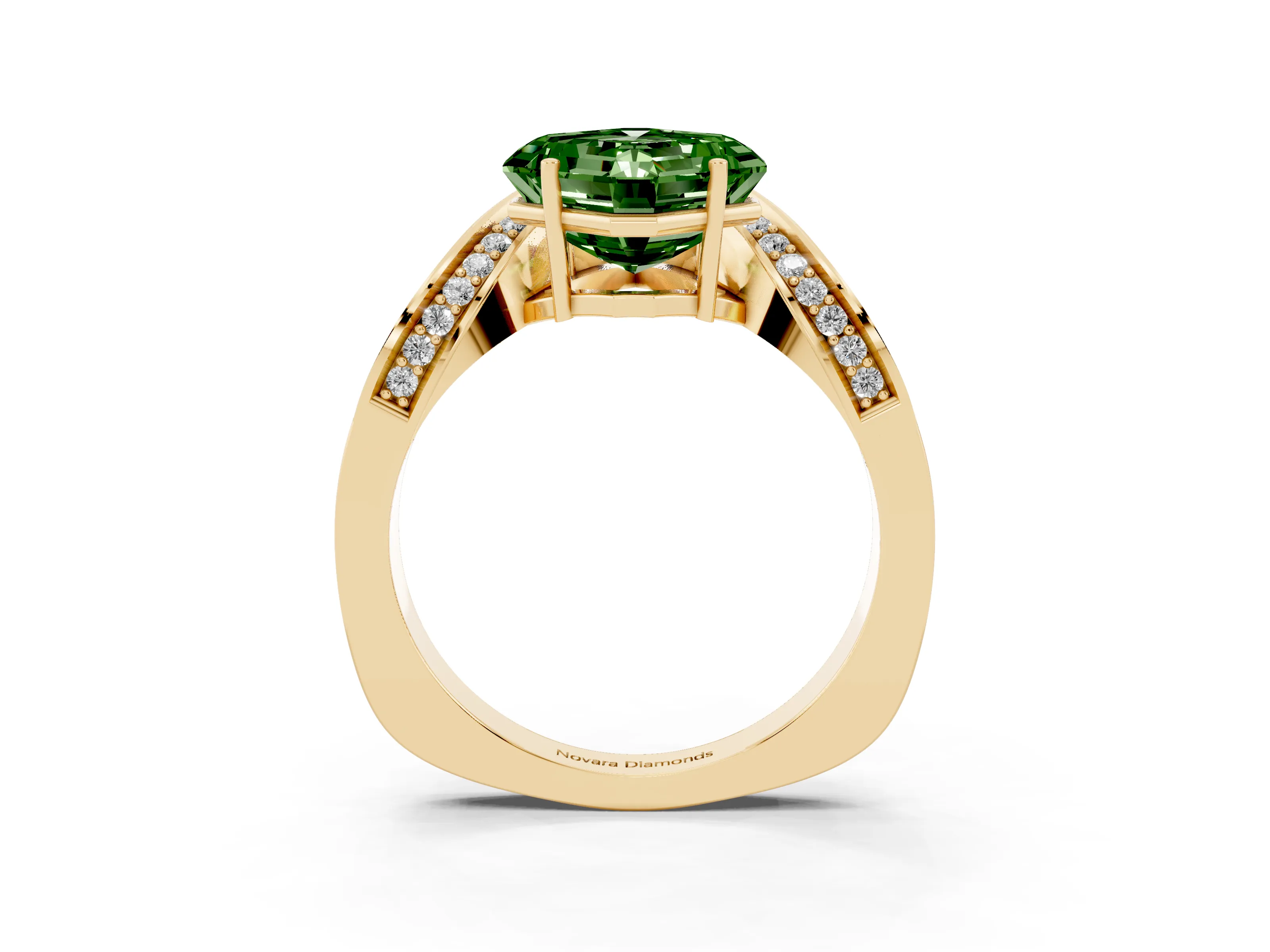 Fancy Green Asscher Cut Diamond Solitaire Engagement Ring Set in Yellow gold with Pavé Shoulders
