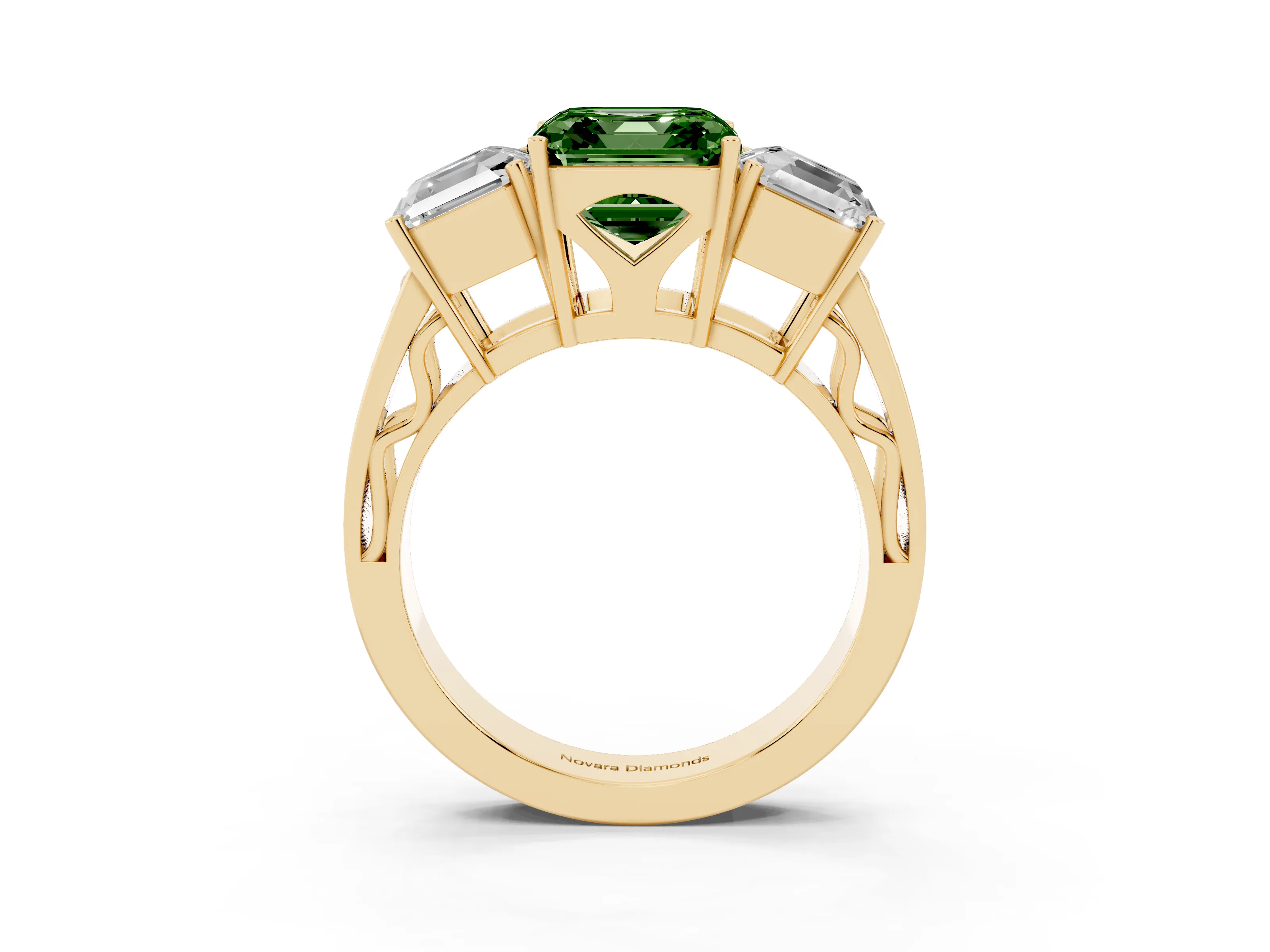 Fancy Green Asscher Cut Diamond Three-Stone Ring Set in Yellow gold with Textured Band