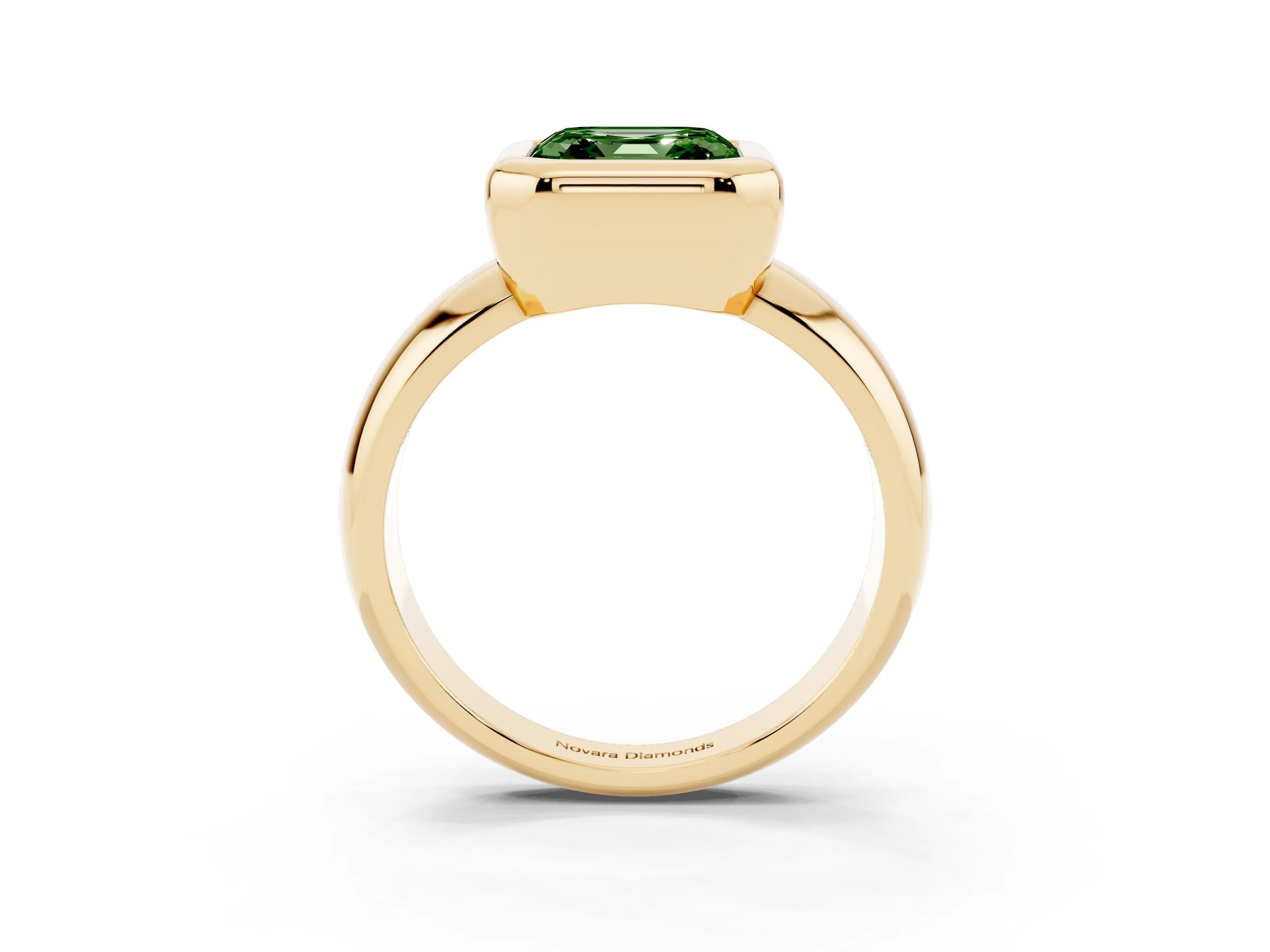 Fancy Green Bezel Set Asscher Cut Diamond Solitaire Ring Set in Yellow gold with Wide Band