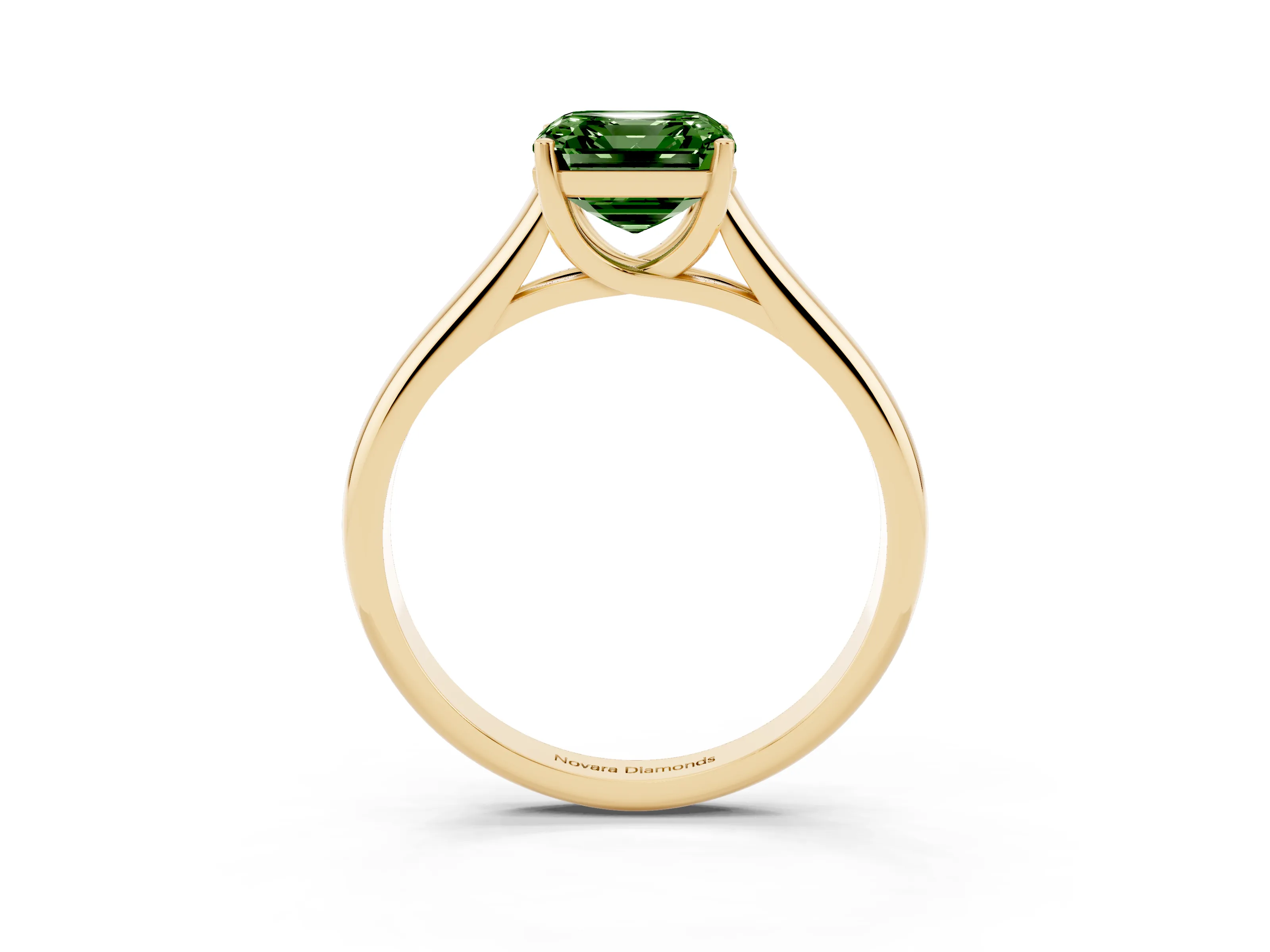 Fancy Green Asscher Cut Diamond Solitaire Engagement Ring Set in Yellow gold with Subtly Tapered Band and Prong Setting