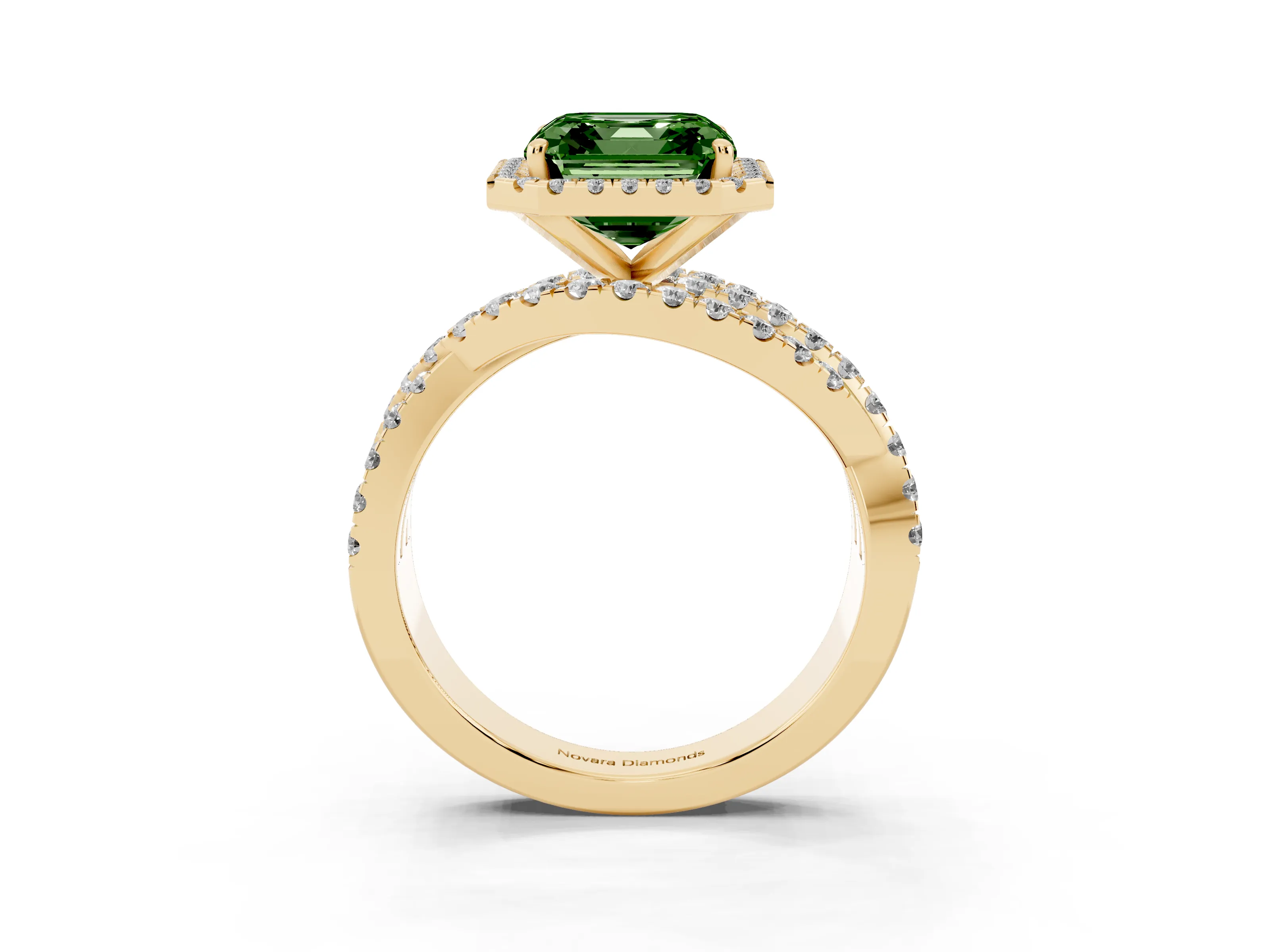 Fancy Green Asscher Cut Diamond Halo Ring Set in Yellow gold with Round Crossover Split Shank and Prong Setting
