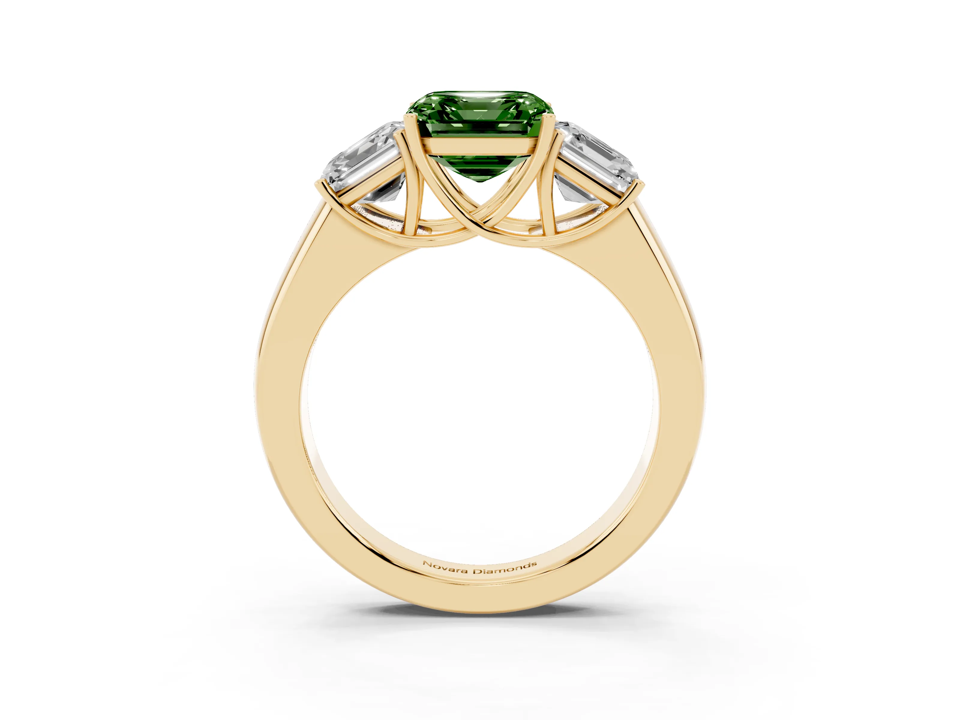 Fancy Green Three-Stone Asscher Cut Diamond Ring Set in Yellow gold with Matching Prong Settings and Plain Band