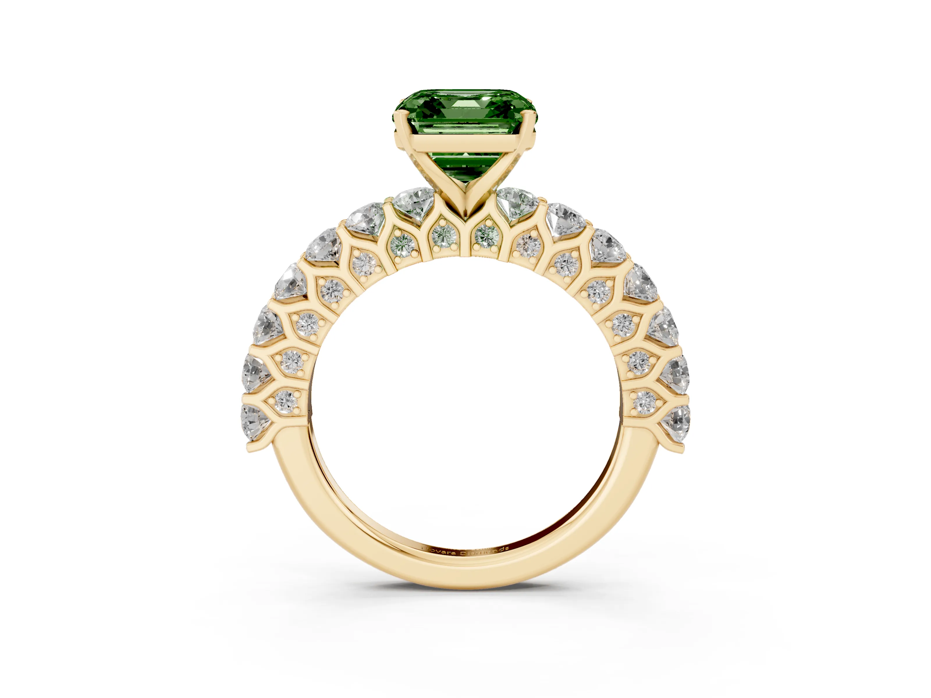 Fancy Green Asscher Cut Diamond Solitaire Ring Set in Yellow gold with Shared Prong Pavé Band