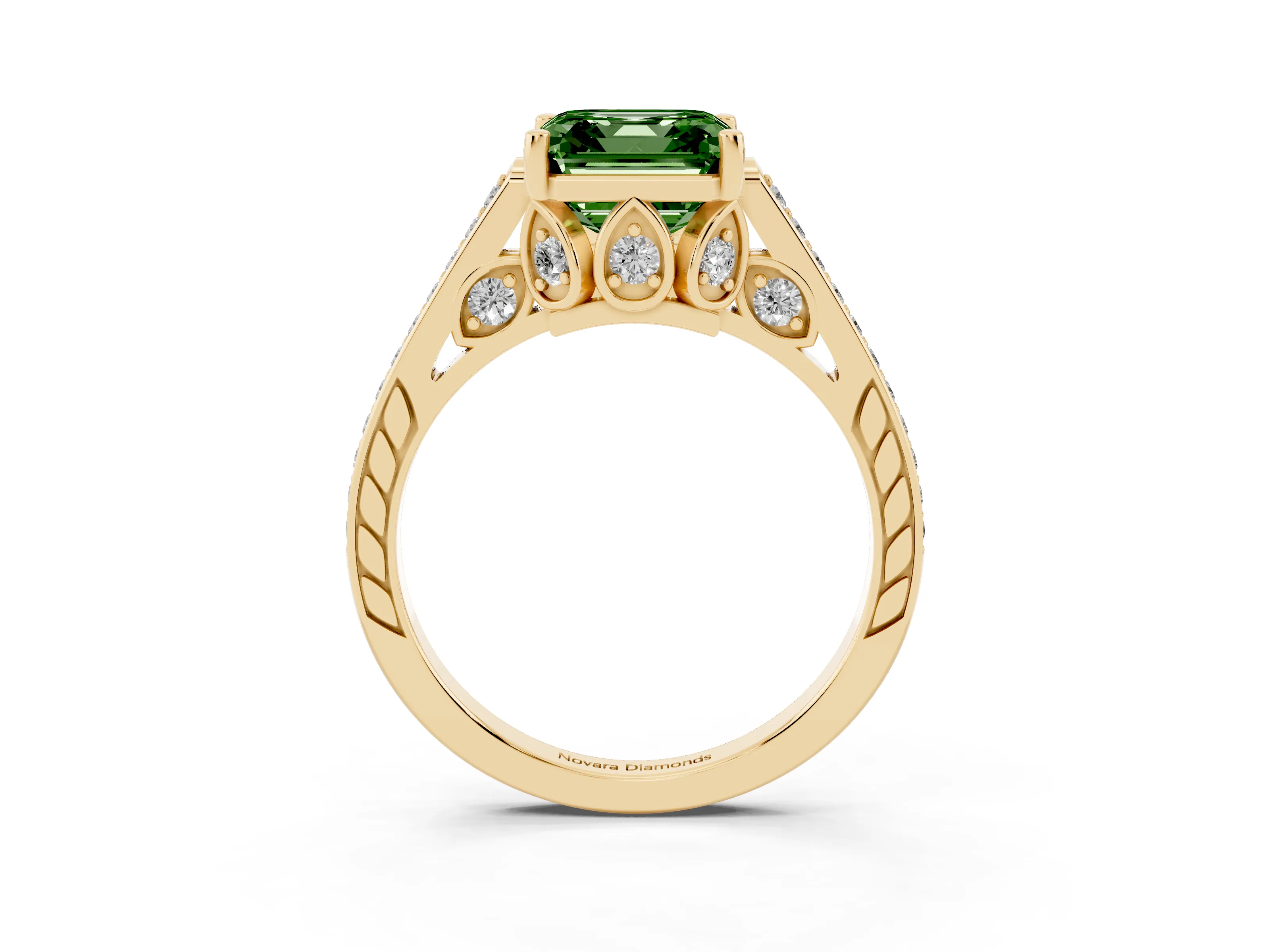 Fancy Green Asscher Cut Diamond Cathedral Pavé Engagement Ring Set in Yellow gold with Prong Setting