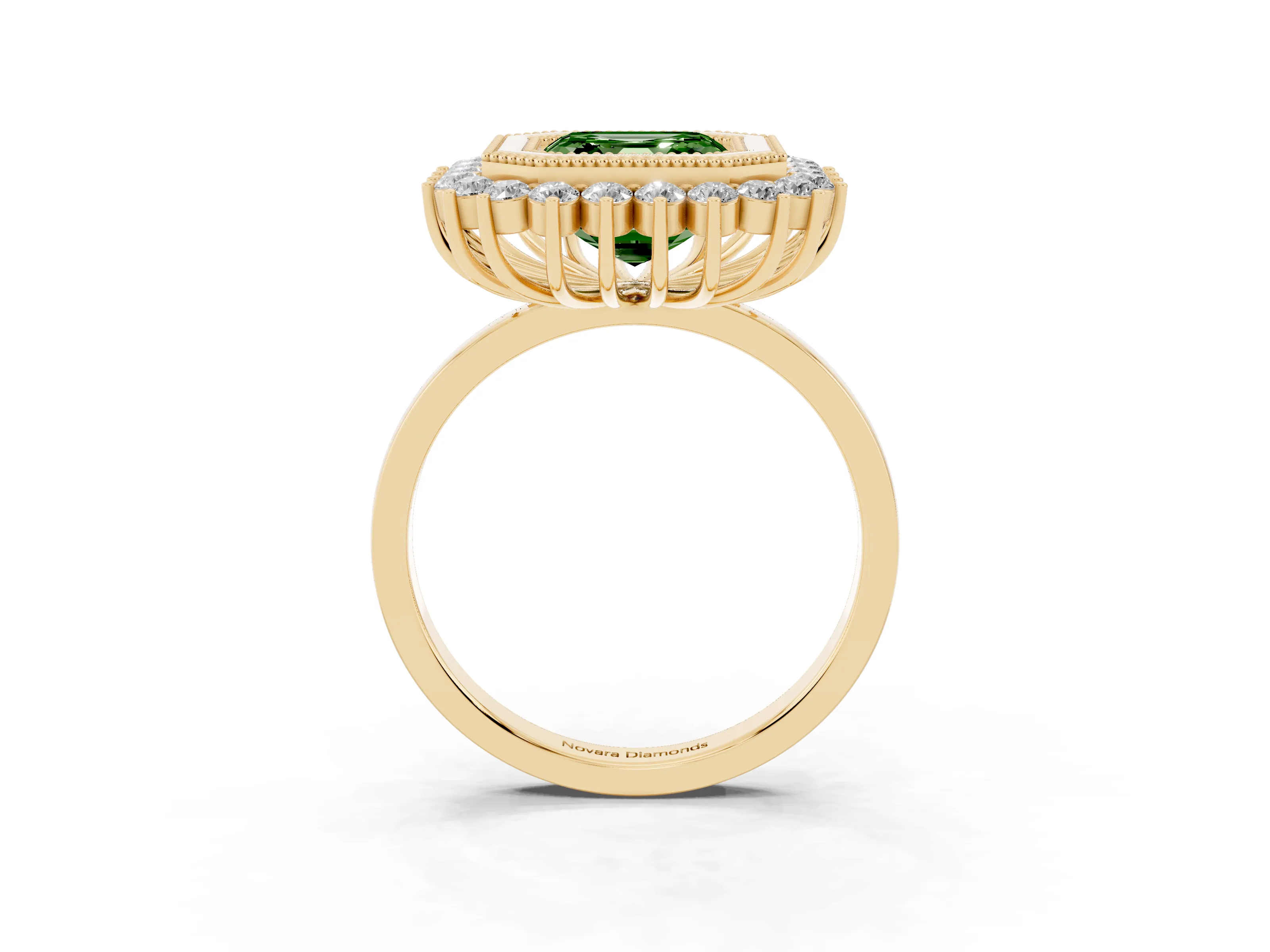 Fancy Green Asscher Cut Diamond Halo Ring Set in Yellow gold with Milgrain Edge and Round Prong Setting