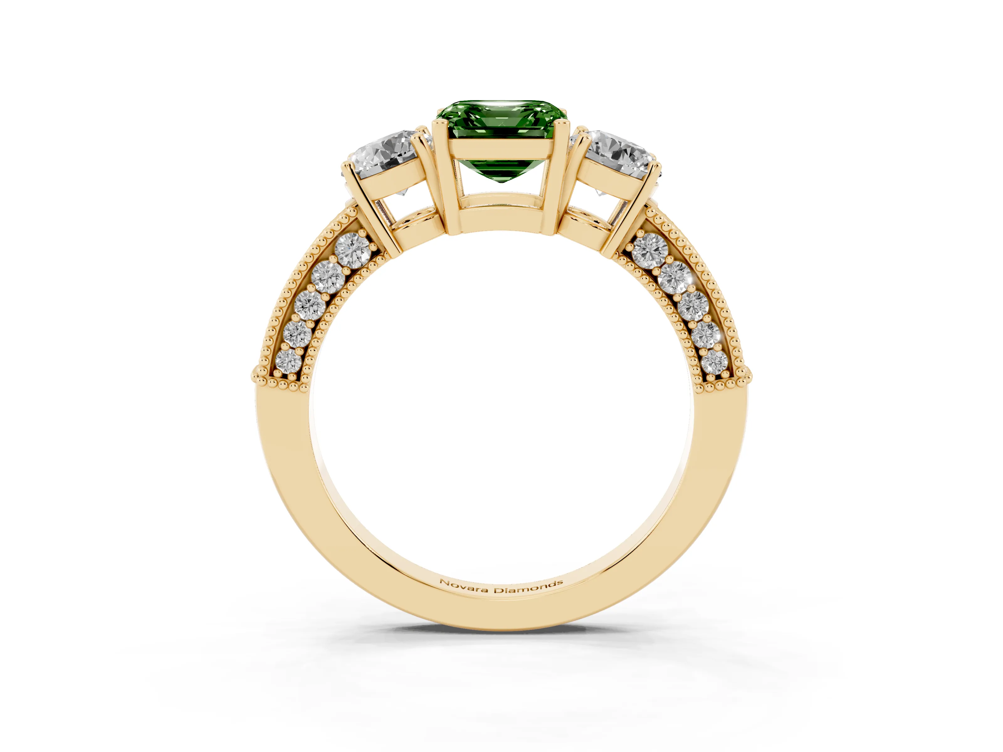 Fancy Green Asscher Cut Diamond Three-Stone Ring Set in Yellow gold with Round Side Stones and Pavé Band