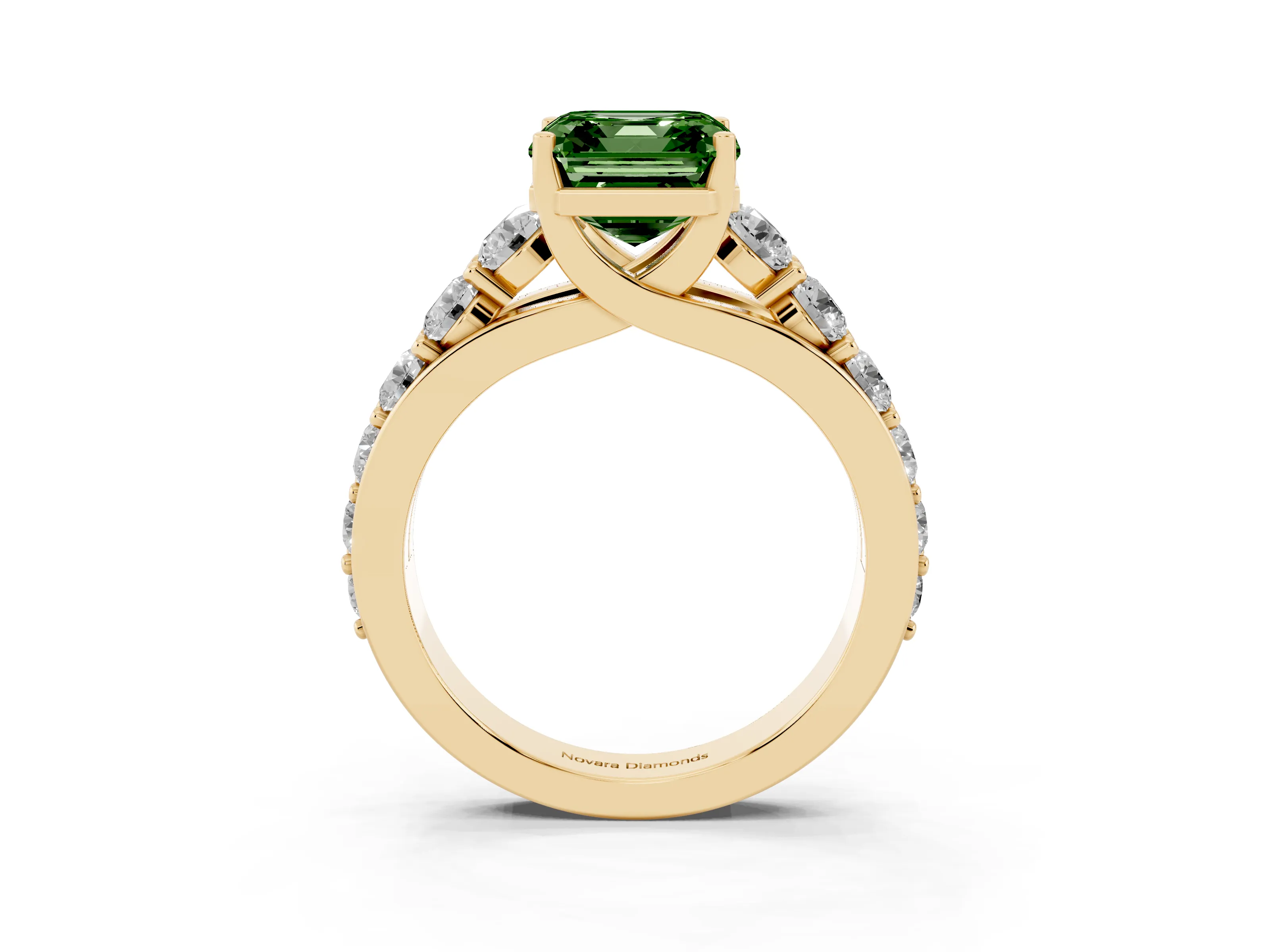 Fancy Green Asscher Cut Diamond Pavé Engagement Ring Set in Yellow gold with Prong Setting