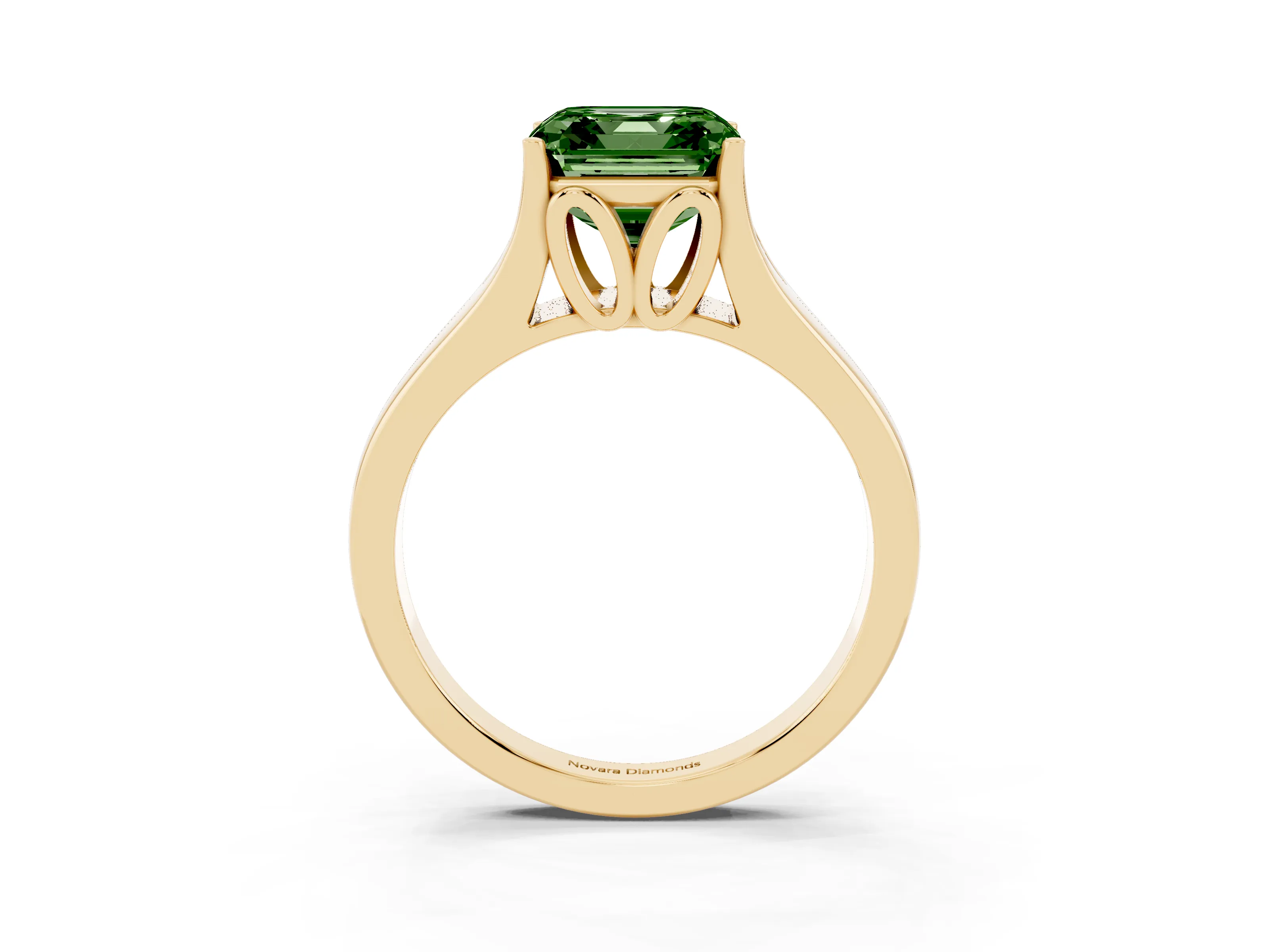 Fancy Green Asscher Cut Diamond Solitaire Ring Set in Yellow gold with Arched Cathedral Band and Prong Setting