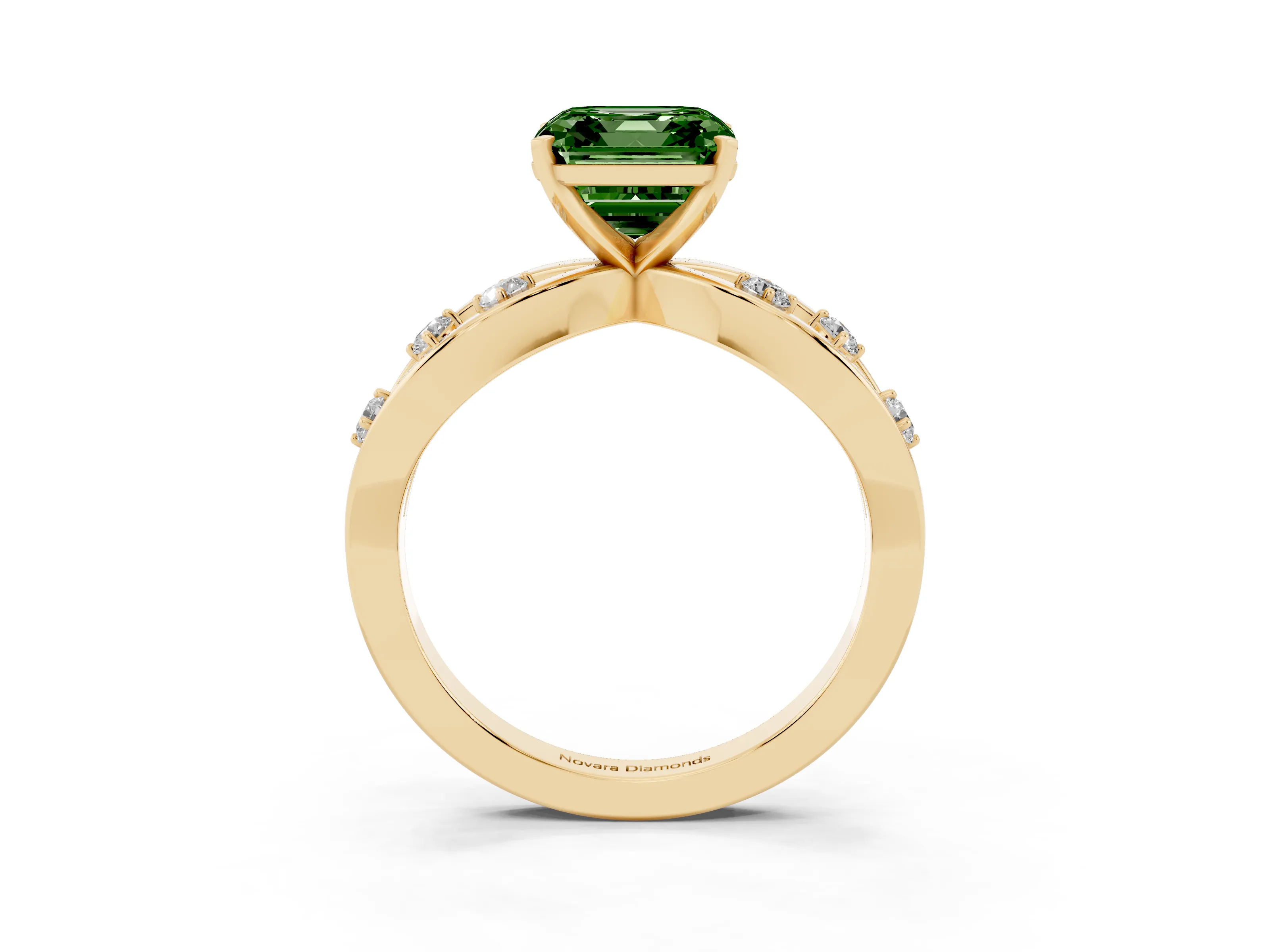 Fancy Green Asscher Cut Diamond Solitaire Ring Set in Yellow gold with Side Stones on Criss-Cross Band and Prong Setting