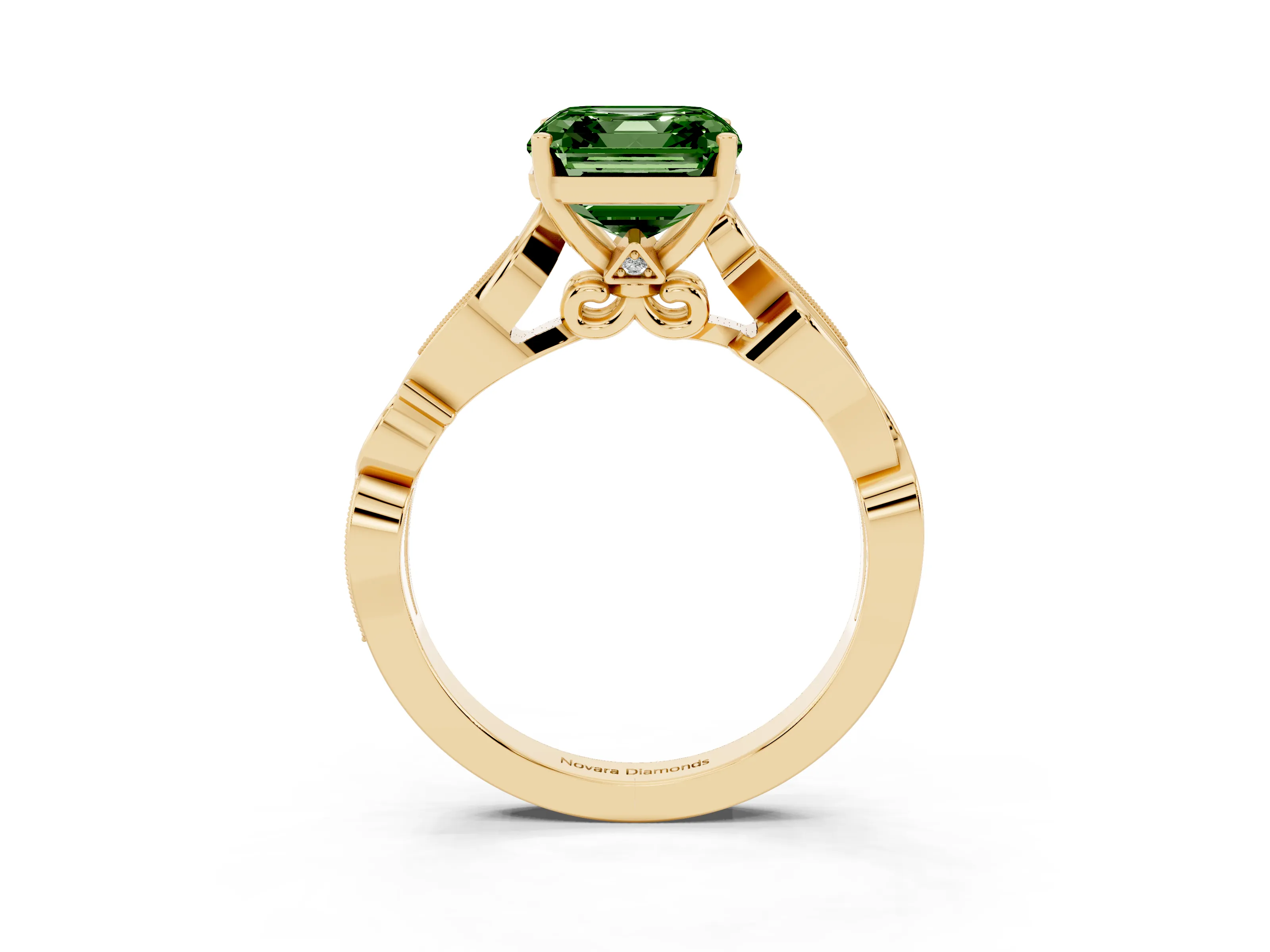 Fancy Green Asscher Cut Diamond Vine Band Solitaire Ring Set in Yellow gold with Milgrain Prong Setting