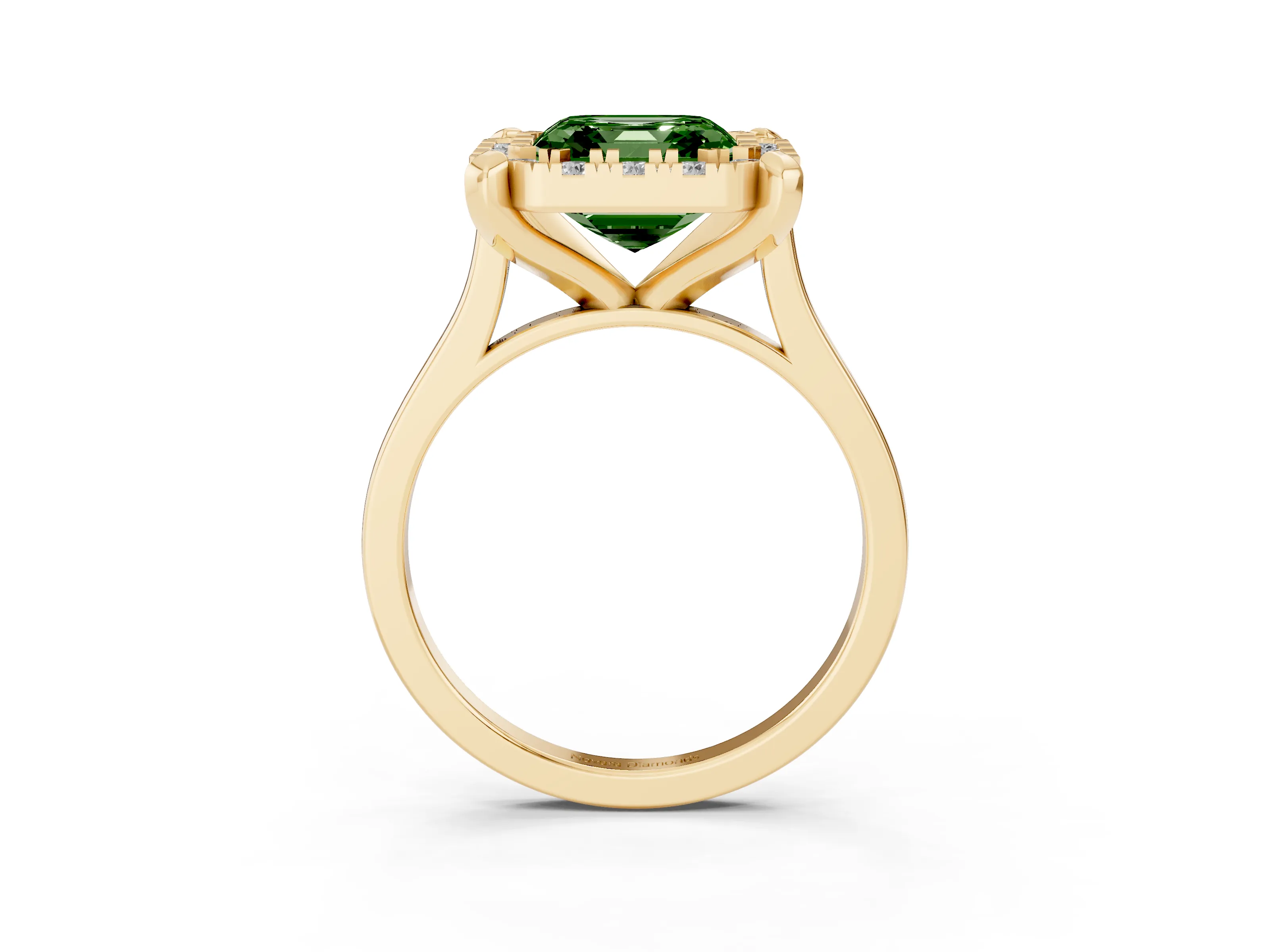 Fancy Green Asscher Cut Diamond Cluster Halo Solitaire Ring Set in Yellow gold with Prong Setting