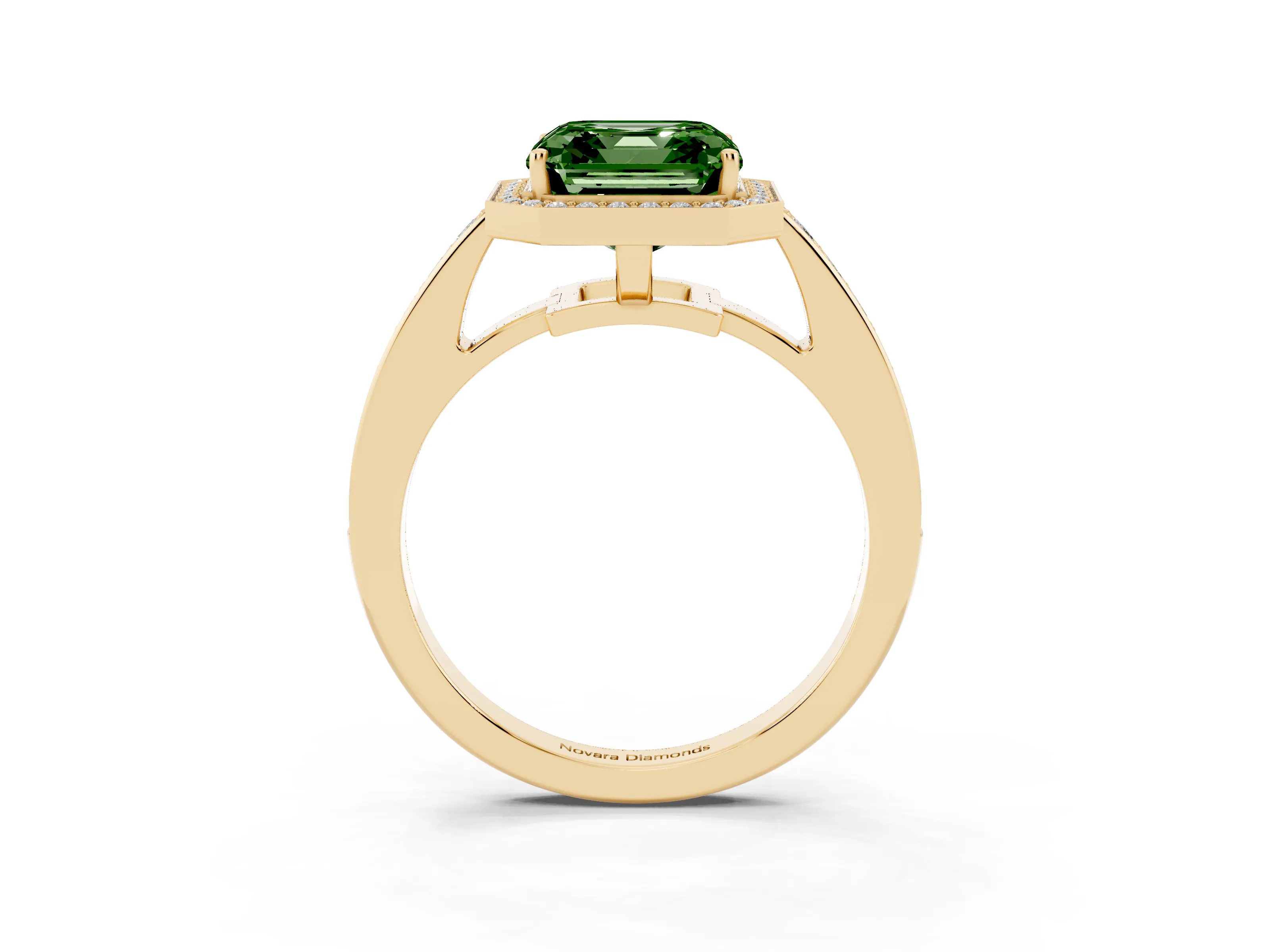 Fancy Green Asscher Cut Diamond Halo Pavé Engagement Ring Set in Yellow gold with Bezel Setting