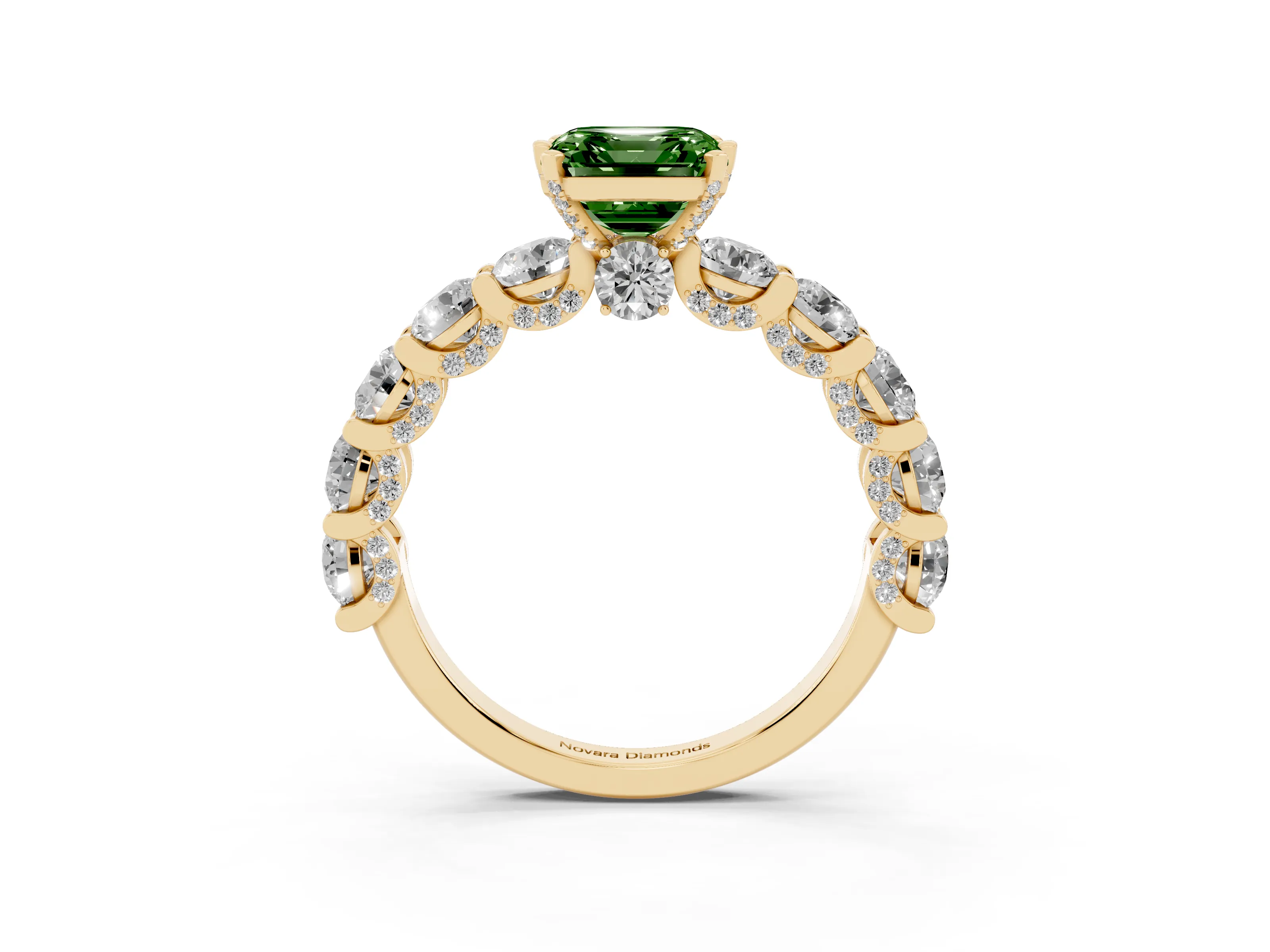 Fancy Green Asscher Cut Diamond Side Stone Ring Set in Yellow gold with Alternating Round and Oval Side Stones