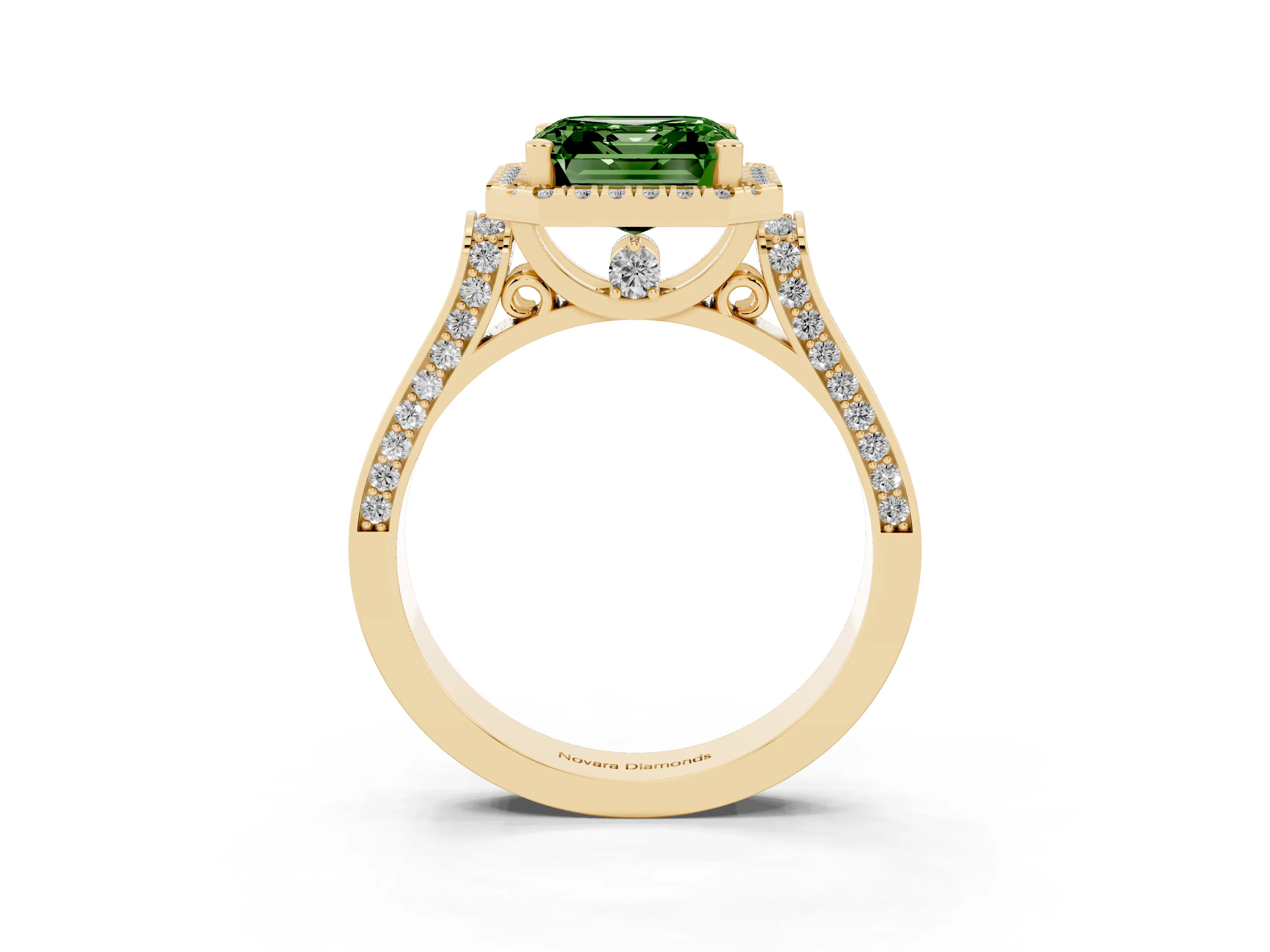 Fancy Green Asscher Cut Diamond Halo Ring Set in Yellow gold with Pavé-Lined Split Shank Band