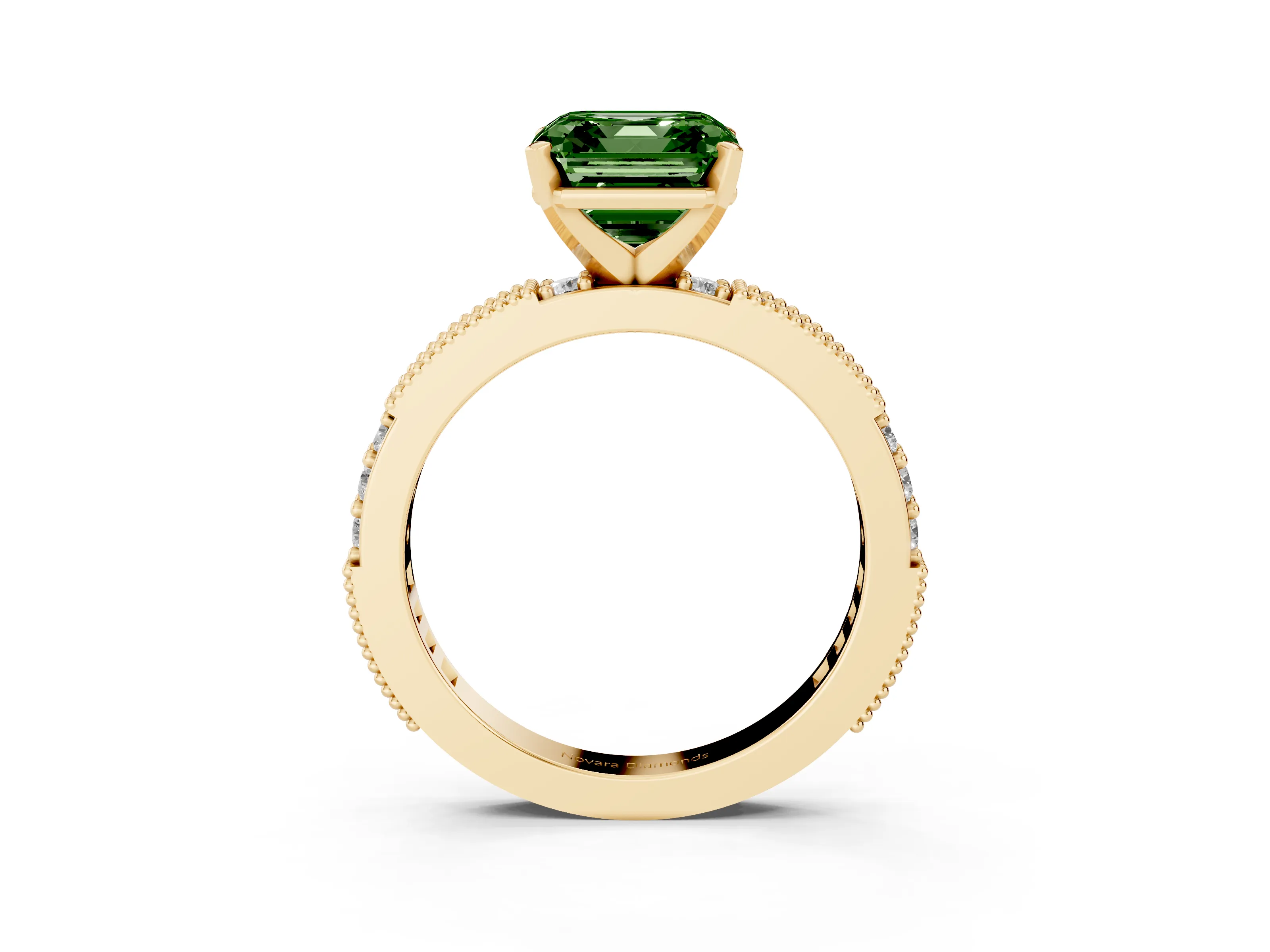 Fancy Green Asscher Cut Diamond Solitaire Ring Set in Yellow gold with Slim Pavé Band and Prong Setting