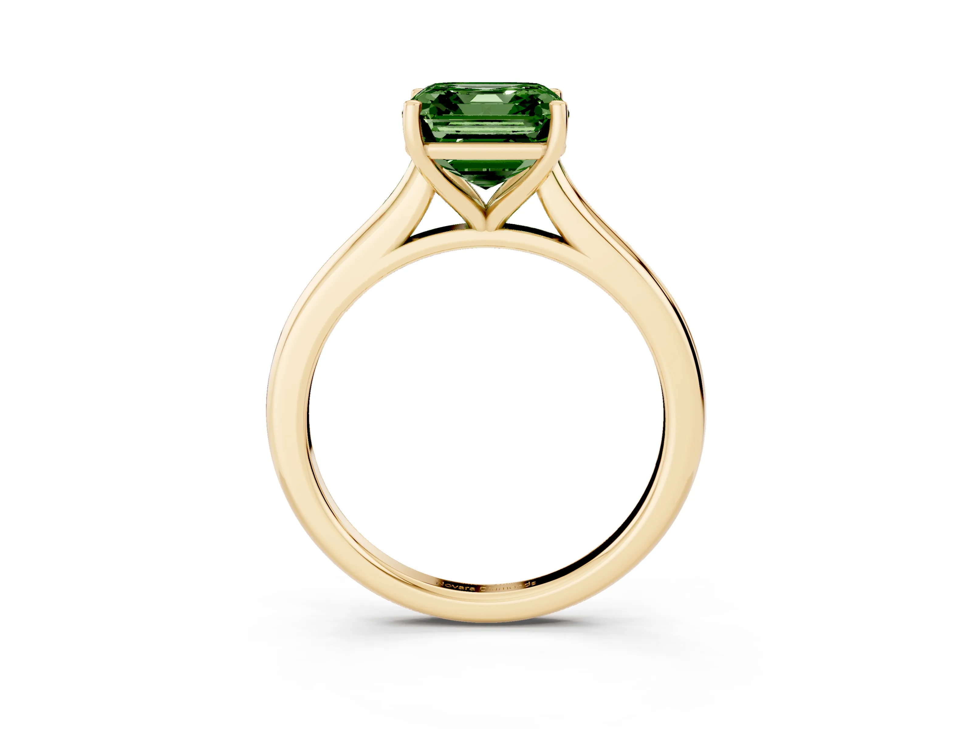Fancy Green Asscher Cut Diamond Solitaire Ring Set in Yellow gold with Cathedral Band and Prong Setting