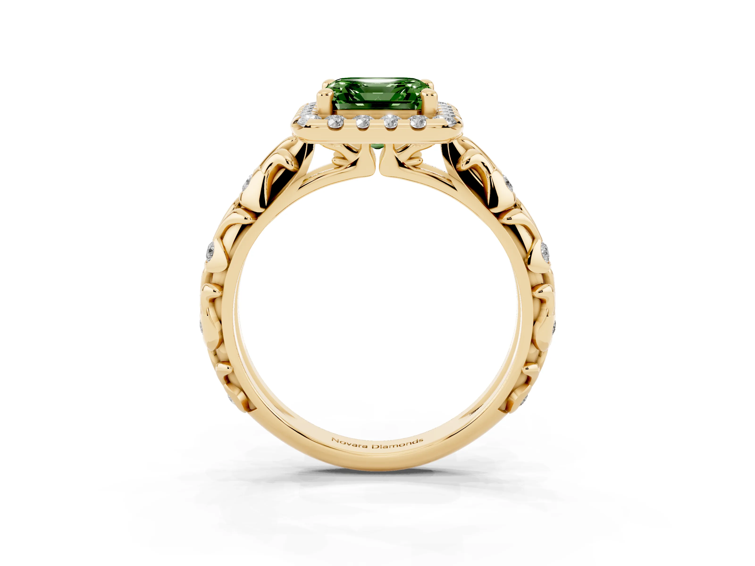 Fancy Green Asscher Cut Diamond Halo Ring Set in Yellow gold with Filigree Leaf Band and Prong Setting