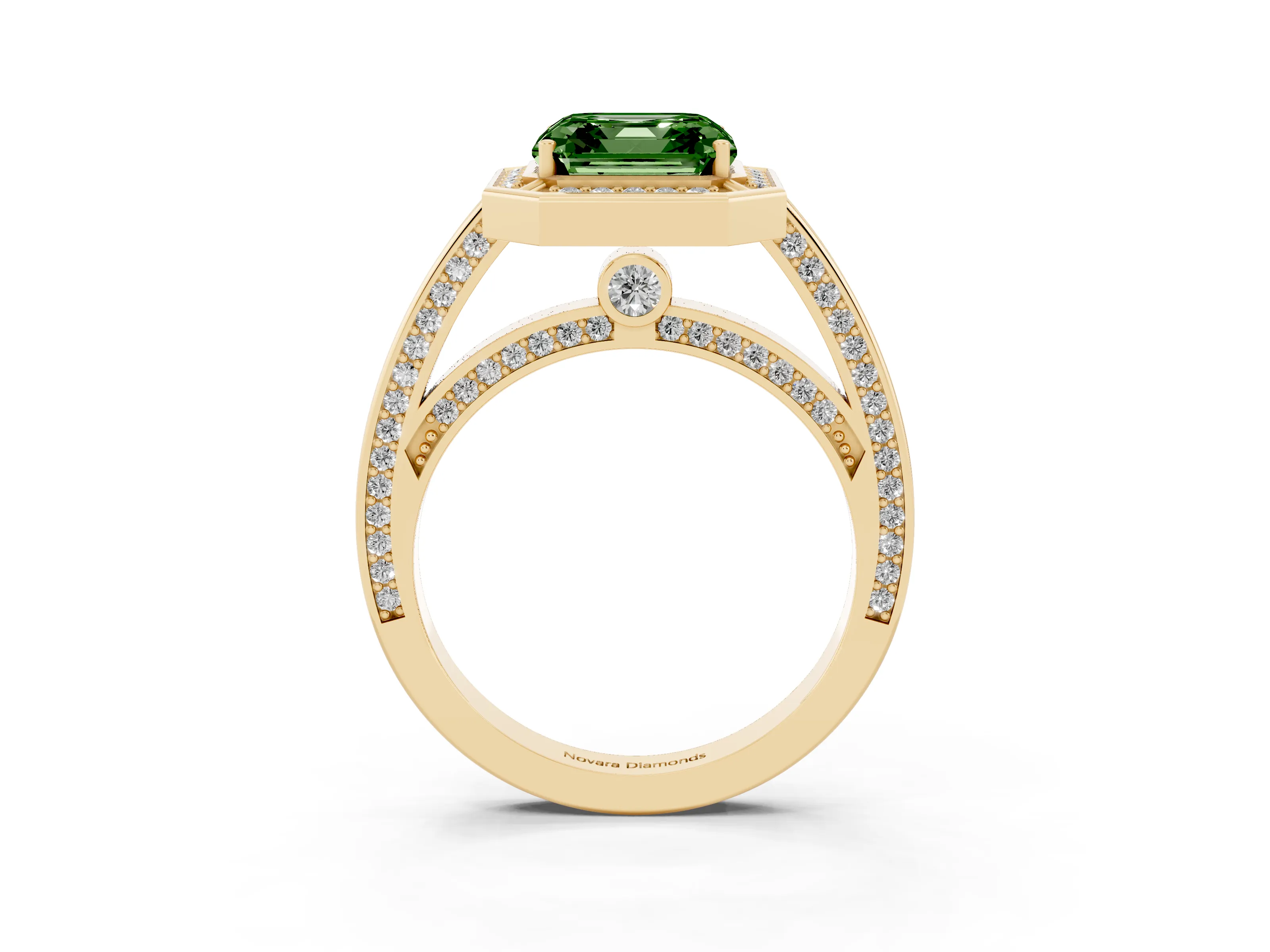 Fancy Green Asscher Cut Diamond Halo Pavé Split Shank Ring Set in Yellow gold with Prong Setting