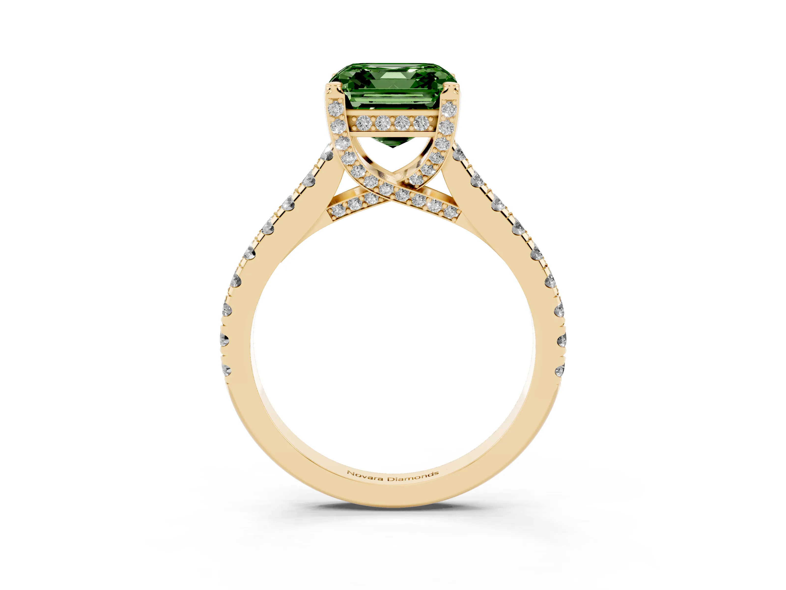 Fancy Green Asscher Cut Diamond Solitaire Ring Set in Yellow gold with Brilliant Pavé Band and Prong Setting