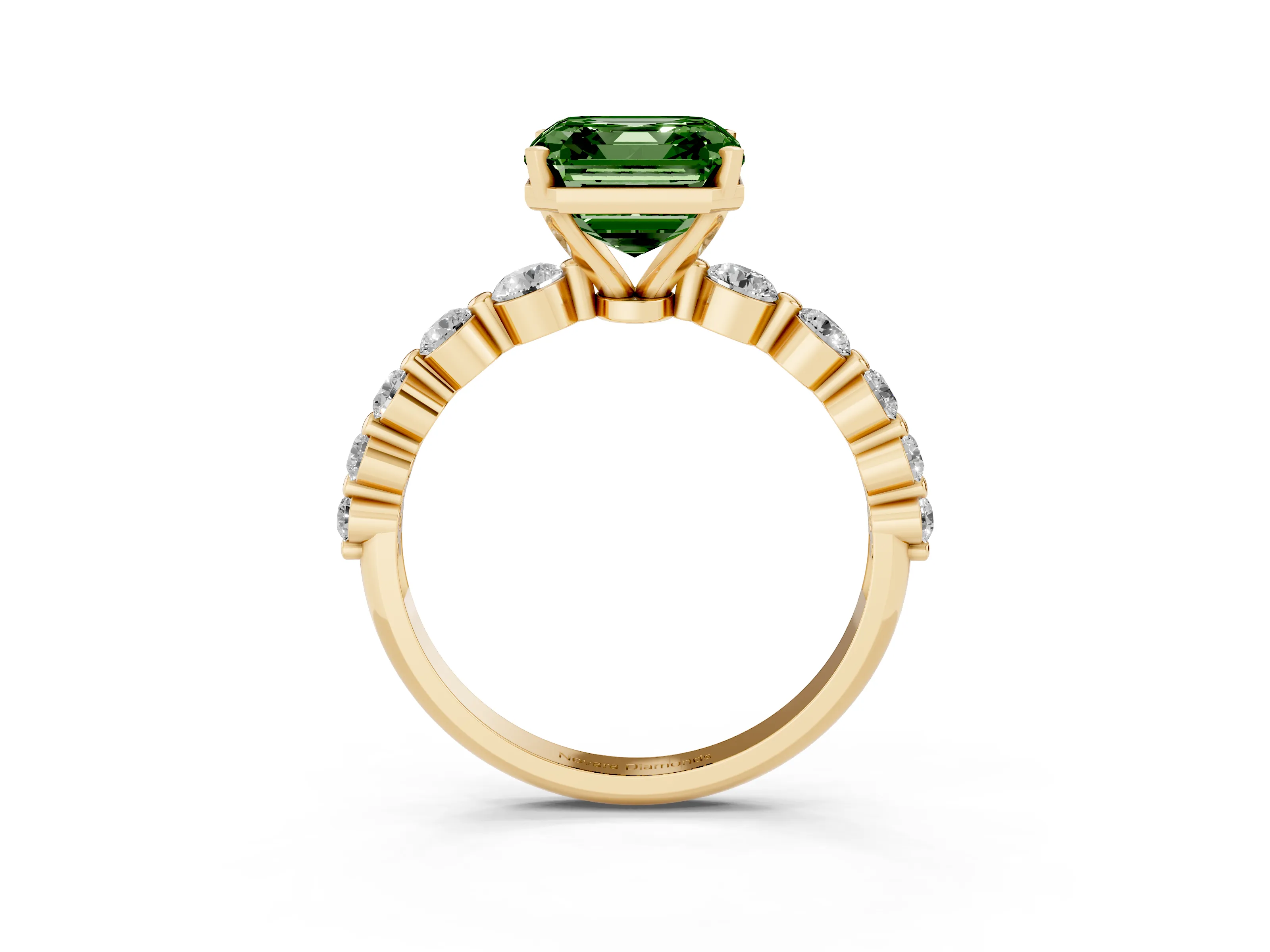 Fancy Green Asscher Cut Diamond Solitaire Ring Set in Yellow gold with Pavé Band and Prong Setting