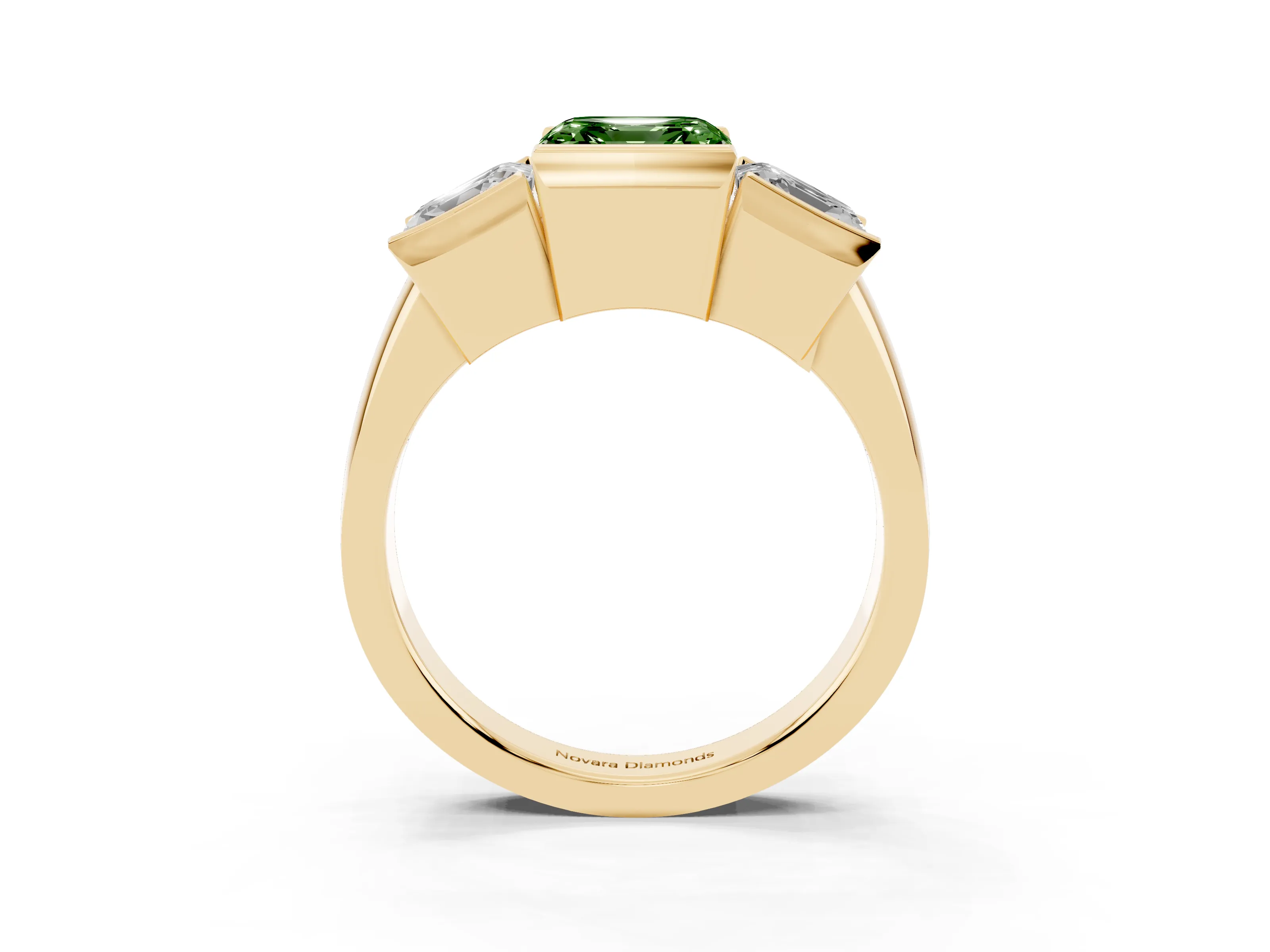 Fancy Green Asscher Cut Diamond Three-Stone Channel Set Ring Set in Yellow gold with Smooth Polished Band