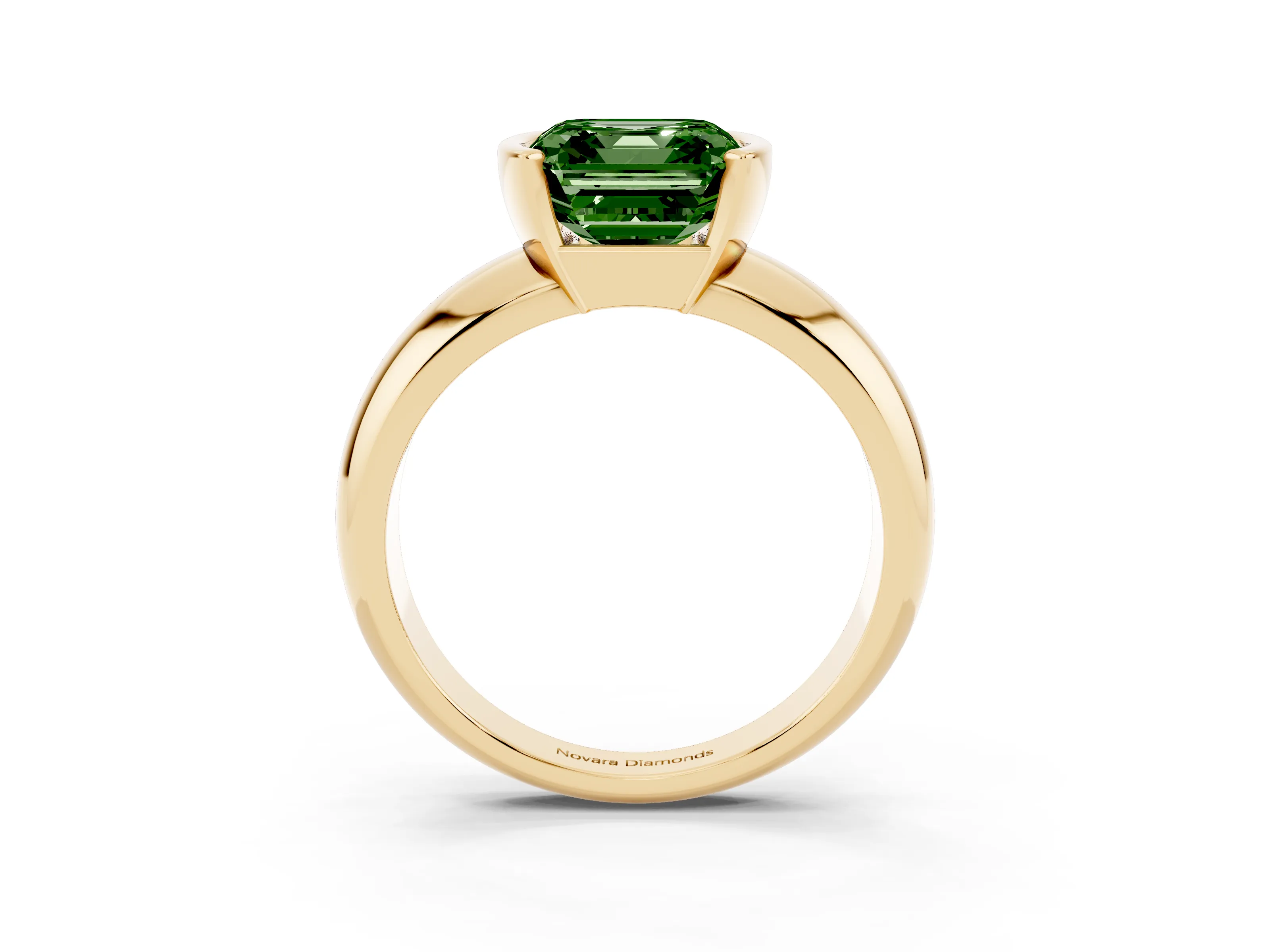 Fancy Green Asscher Cut Diamond Solitaire Tension Set Ring Set in Yellow gold with Wide Band
