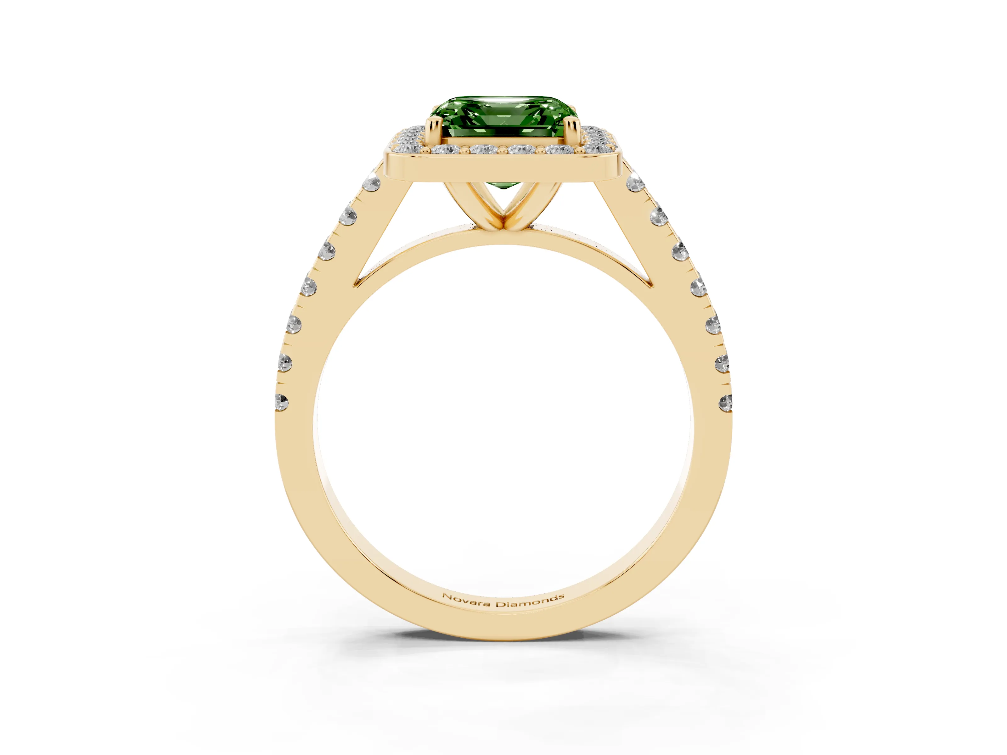 Fancy Green Asscher Cut Diamond Halo Ring Set in Yellow gold with Round Pavé Split Shank and Prong Setting