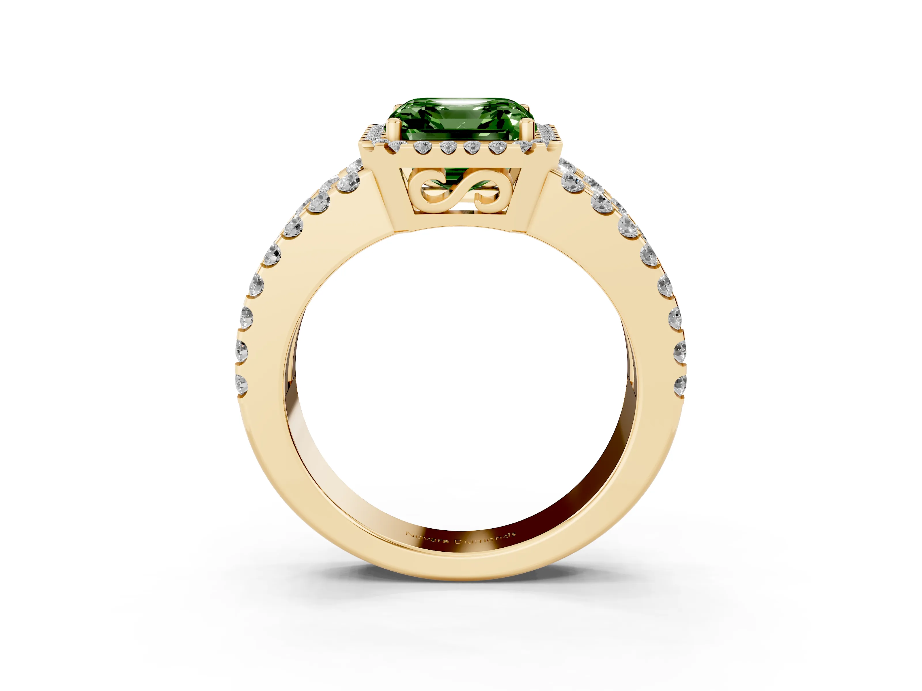 Fancy Green Asscher Cut Diamond Halo Ring Set in Yellow gold with Pavé Split Shank and Prong Setting