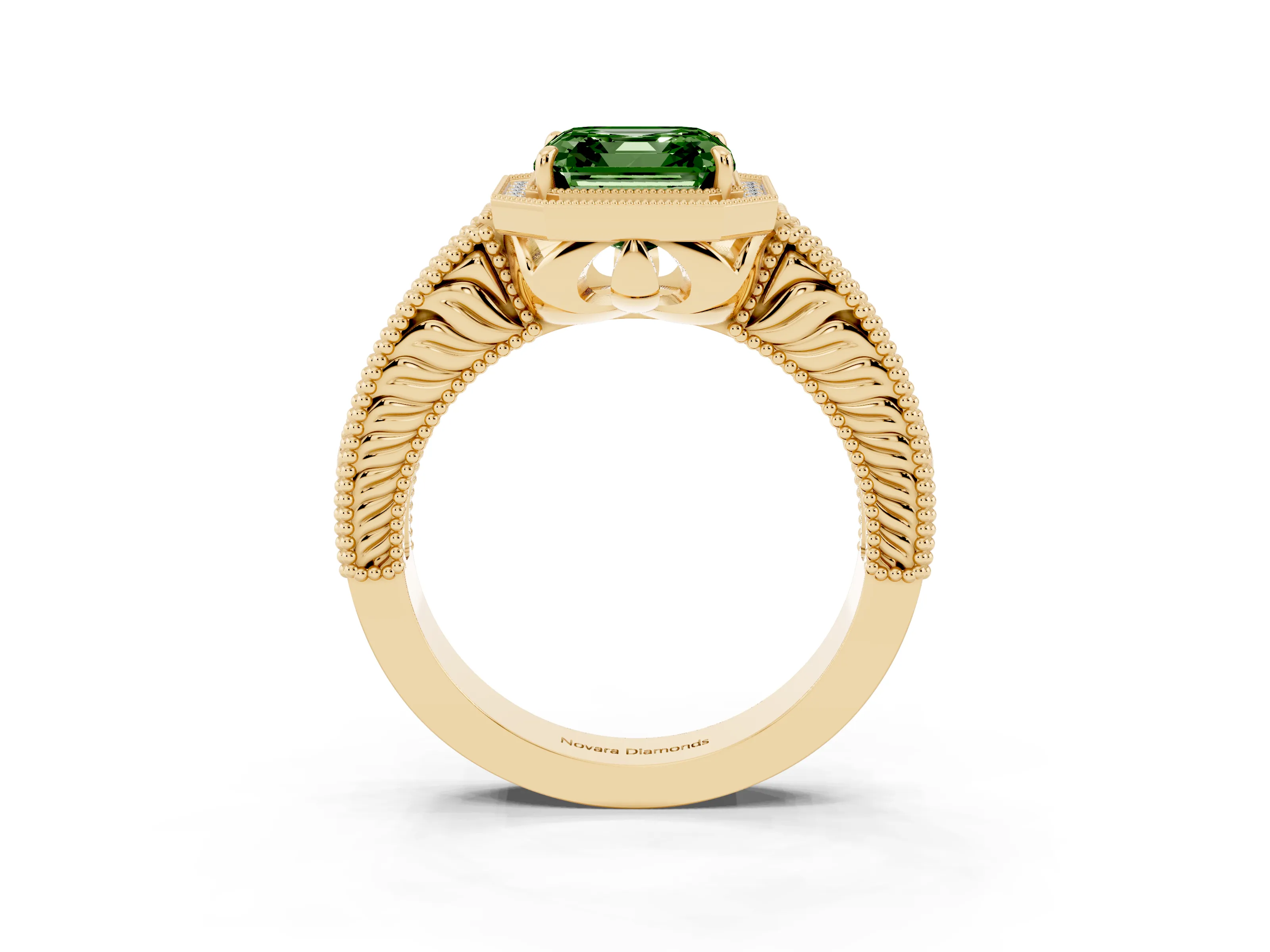 Fancy Green Asscher Cut Diamond Halo Ring Set in Yellow gold with Round Accent Halo, Pavé Band and Prong Setting