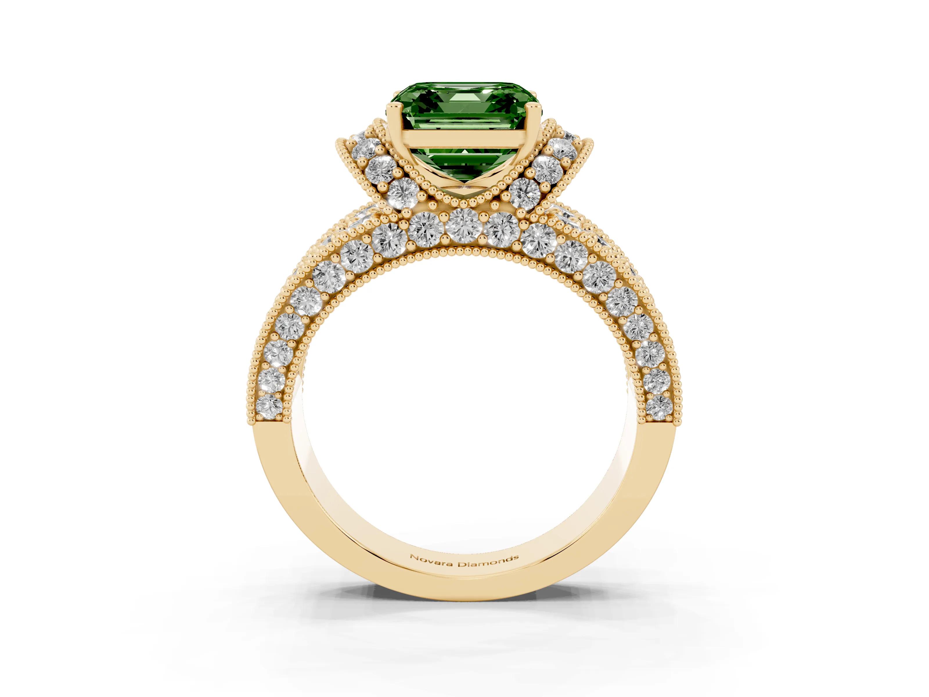 Fancy Green Asscher Cut Diamond Milgrain Halo Pavé Engagement Ring Set in Yellow gold with Prong Setting