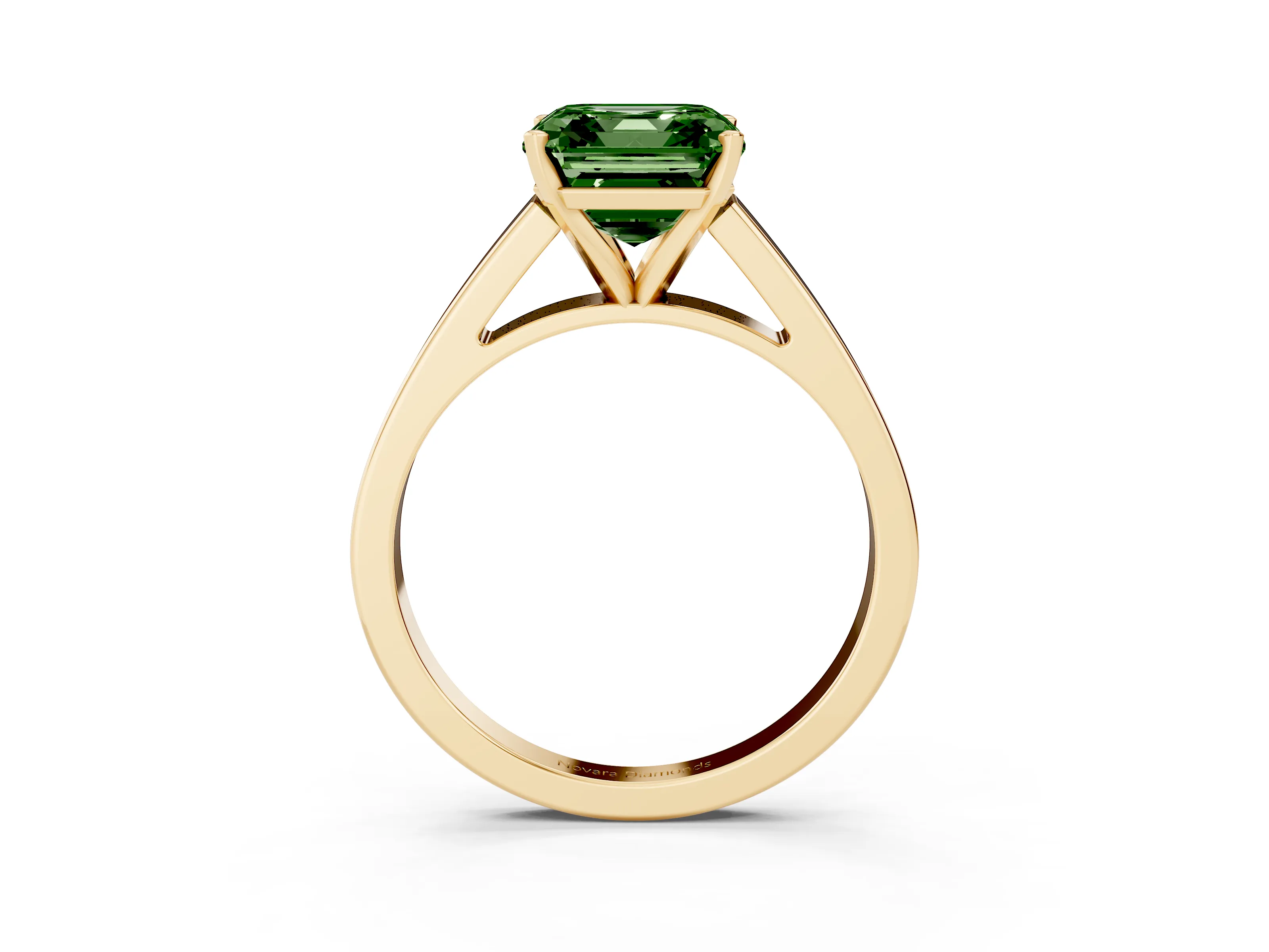 Fancy Green Asscher Cut Diamond Solitaire Engagement Ring Set in Yellow gold with Prong Setting and Tapered Band