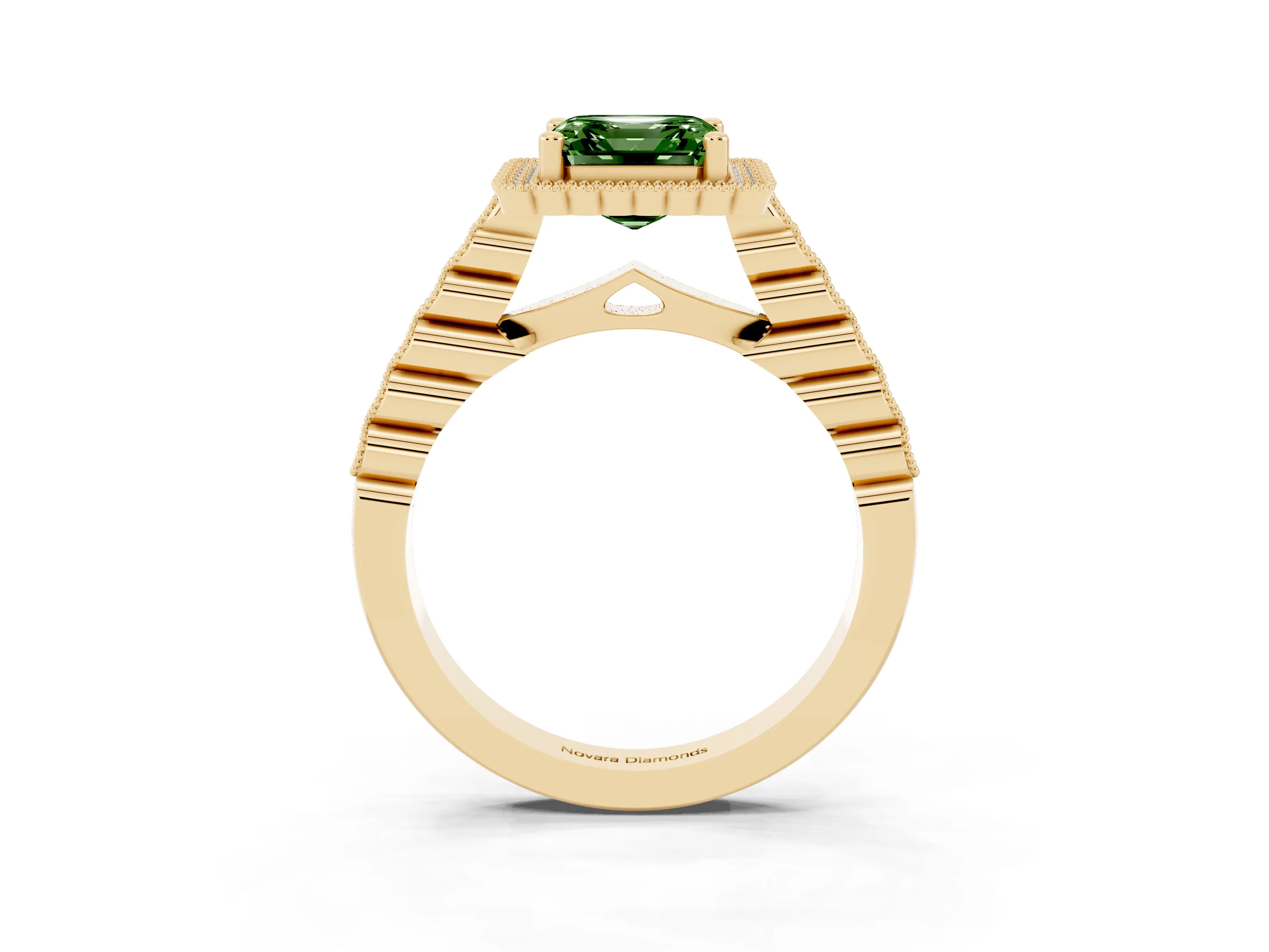 Fancy Green Asscher Cut Diamond Halo Ring Set in Yellow gold with Pavé Milgrain Band