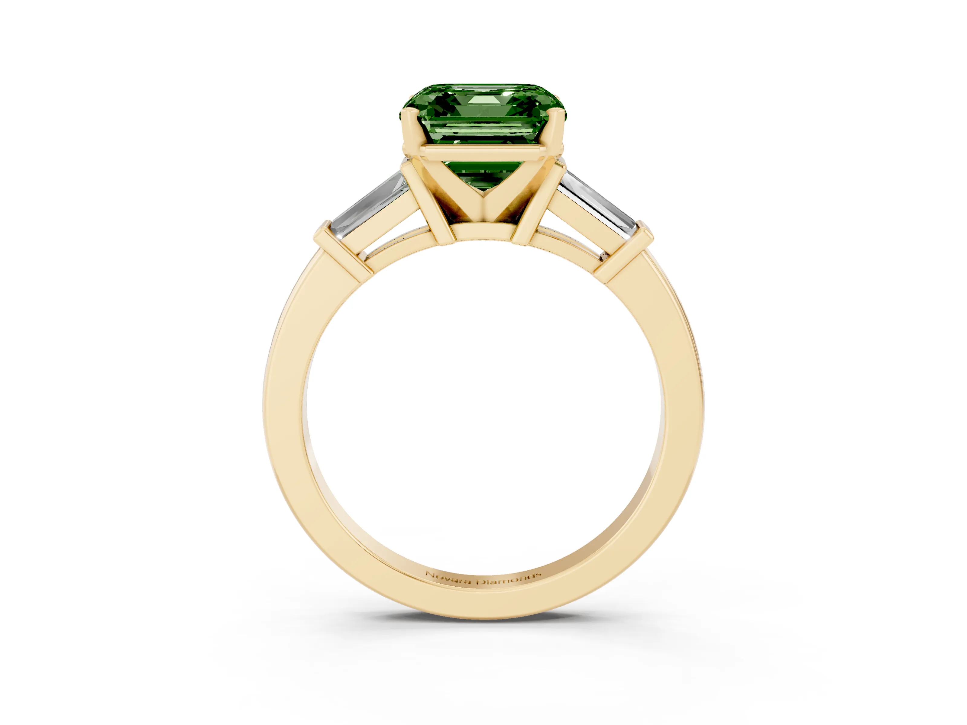 Fancy Green Asscher Cut Diamond Solitaire Ring Set in Yellow gold with Tapered Baguette Accents and Prong Setting