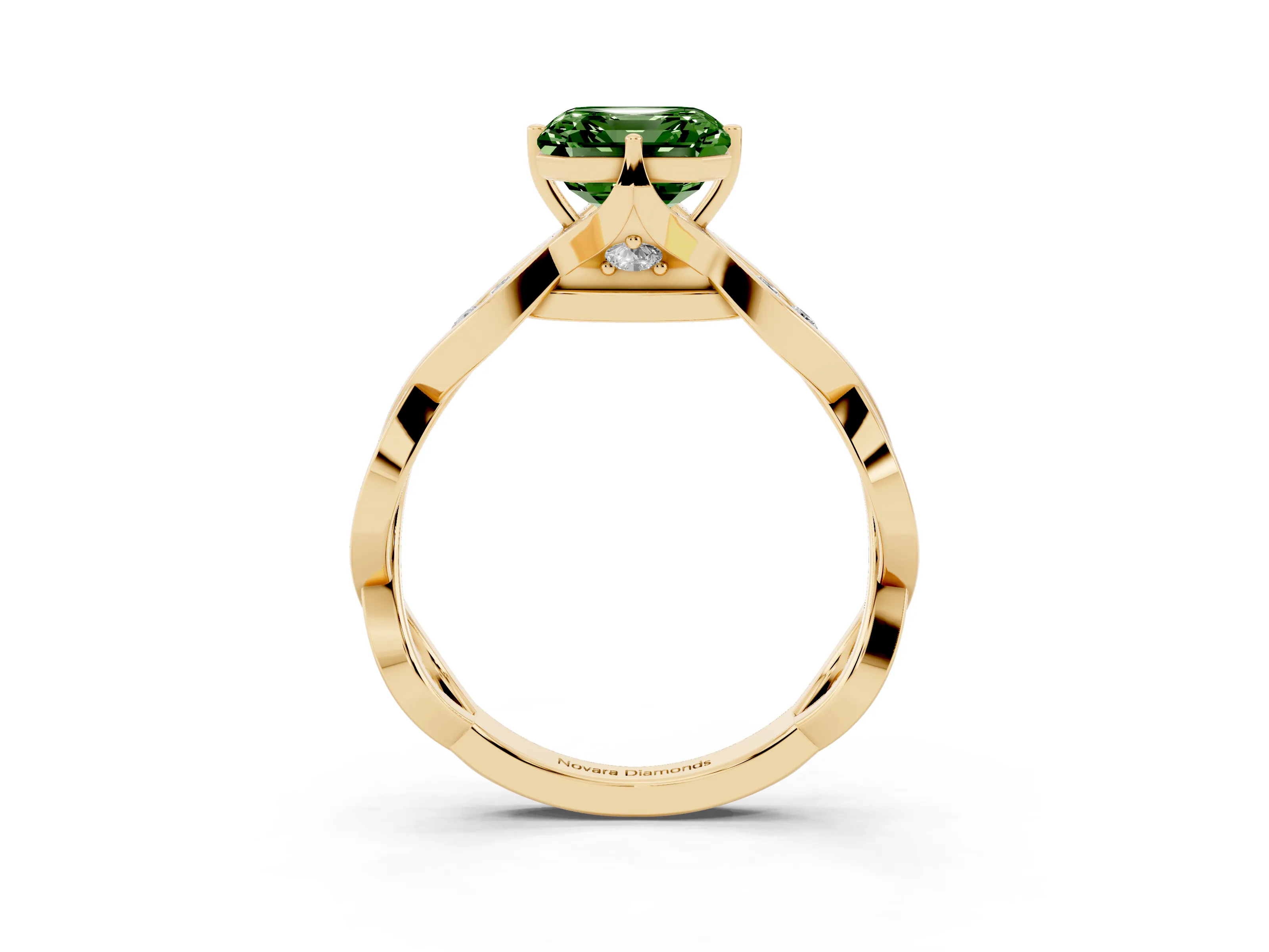 Fancy Green Asscher Cut Diamond Twist Band Solitaire Ring Set in Yellow gold with Leaf Prong Setting and Accent Stones