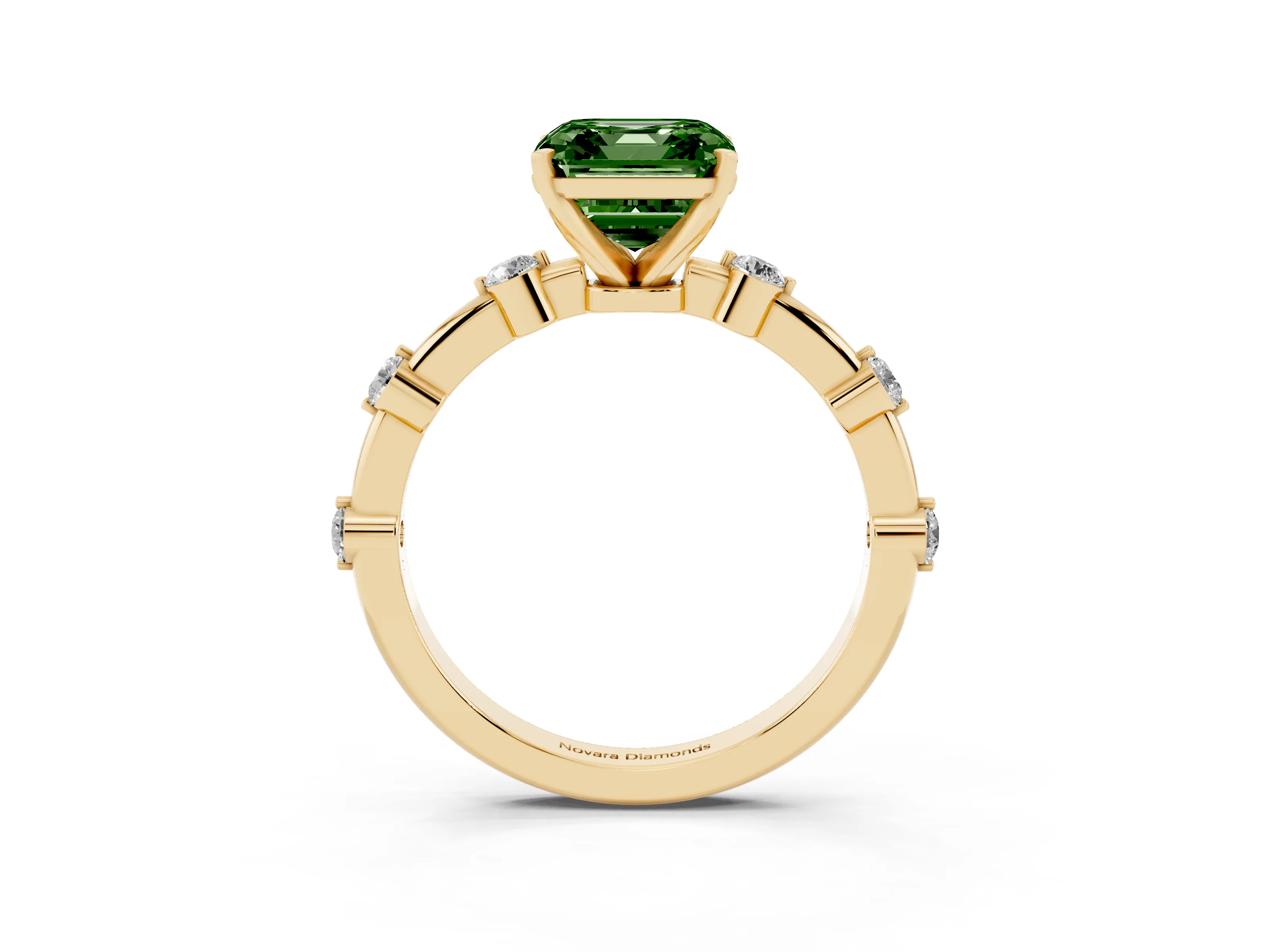 Fancy Green Asscher Cut Diamond Solitaire Ring Set in Yellow gold with Bezel Set Side Stones and Prong Setting