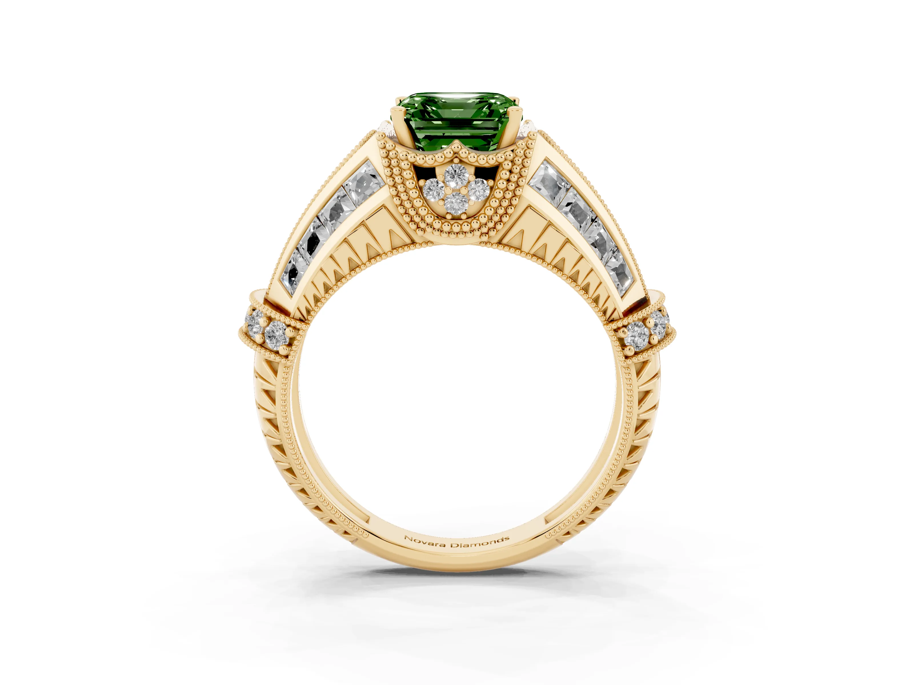 Fancy Green Asscher Cut Diamond Vintage-Inspired Milgrain Ring Set in Yellow gold with Accent Split Shank