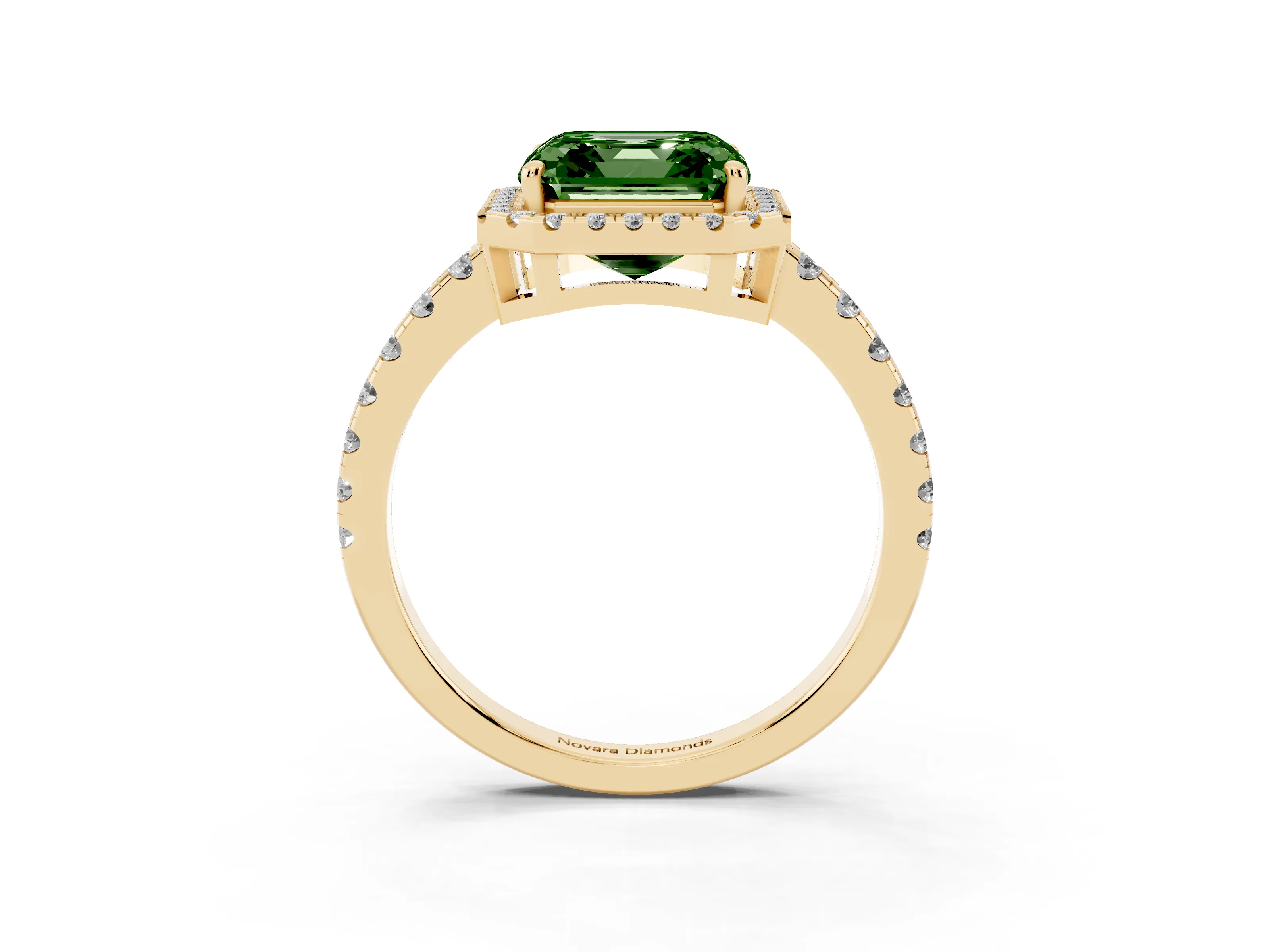Fancy Green Asscher Cut Diamond Halo Ring Set in Yellow gold with Delicate Pavé Band and Prong Setting