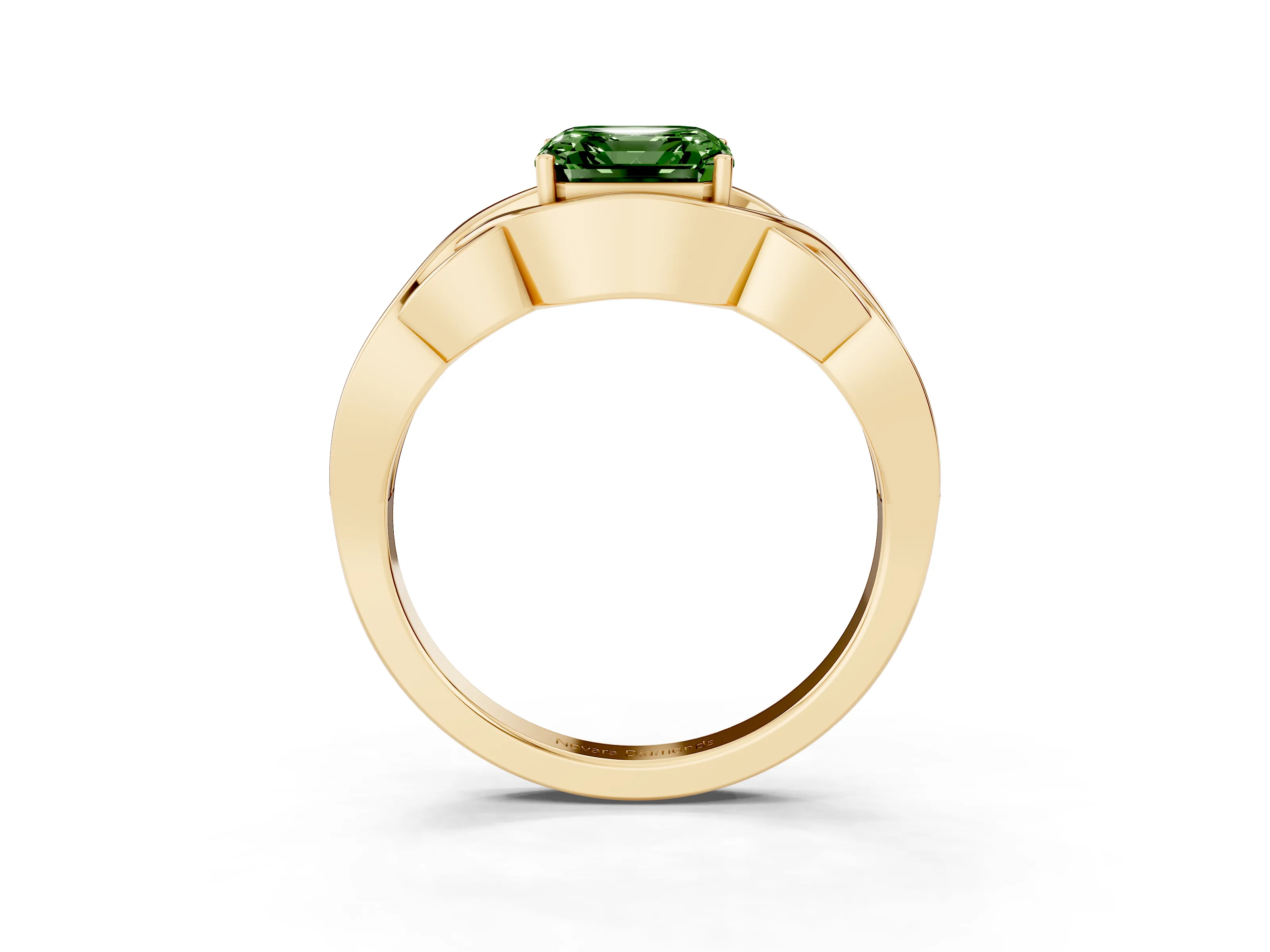 Fancy Green Asscher Cut Diamond Solitaire Ring Set in Yellow gold with Intertwined Band