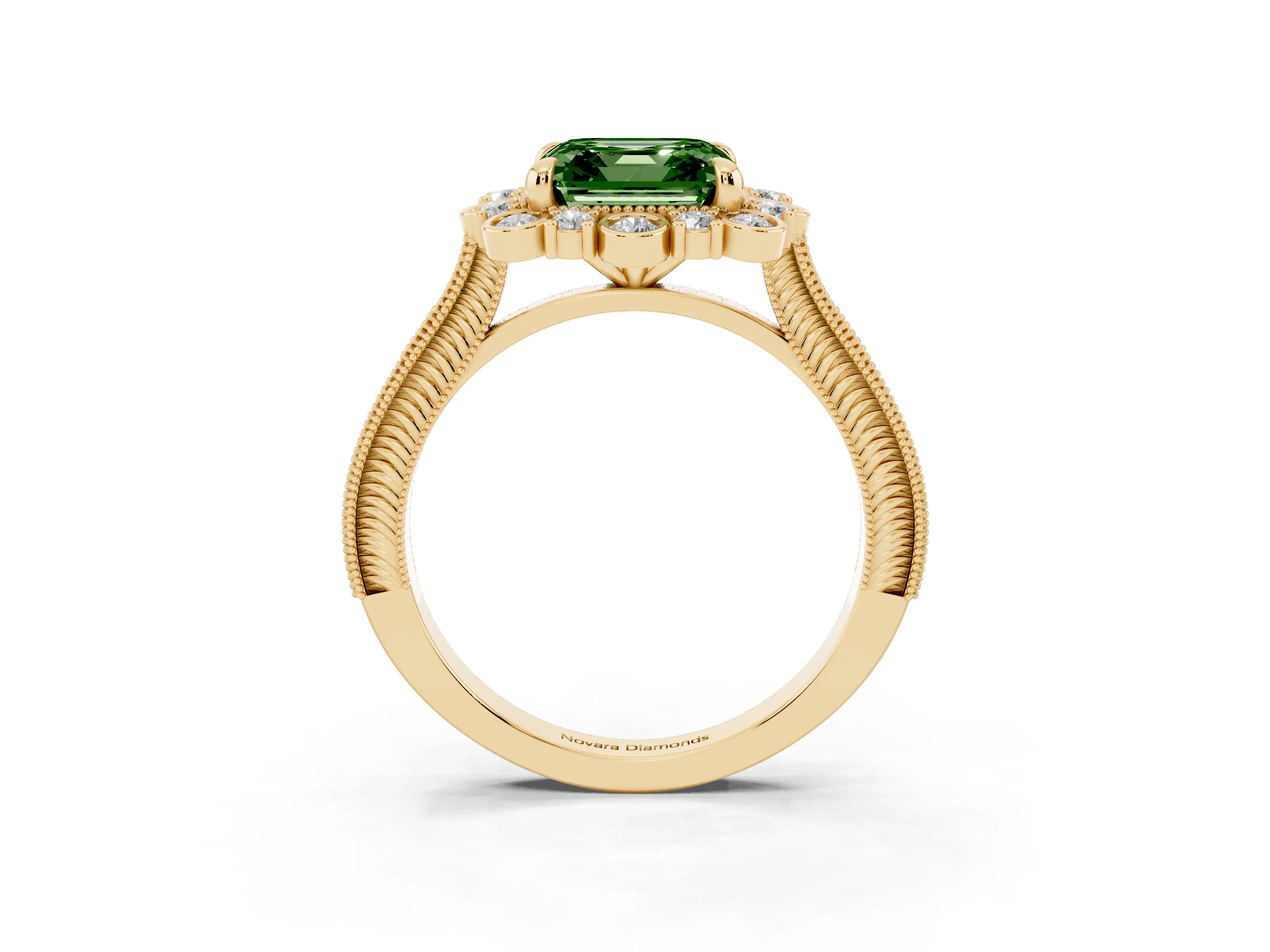 Fancy Green Asscher Cut Diamond Halo Milgrain Pavé Ring Set in Yellow gold with Prong Setting