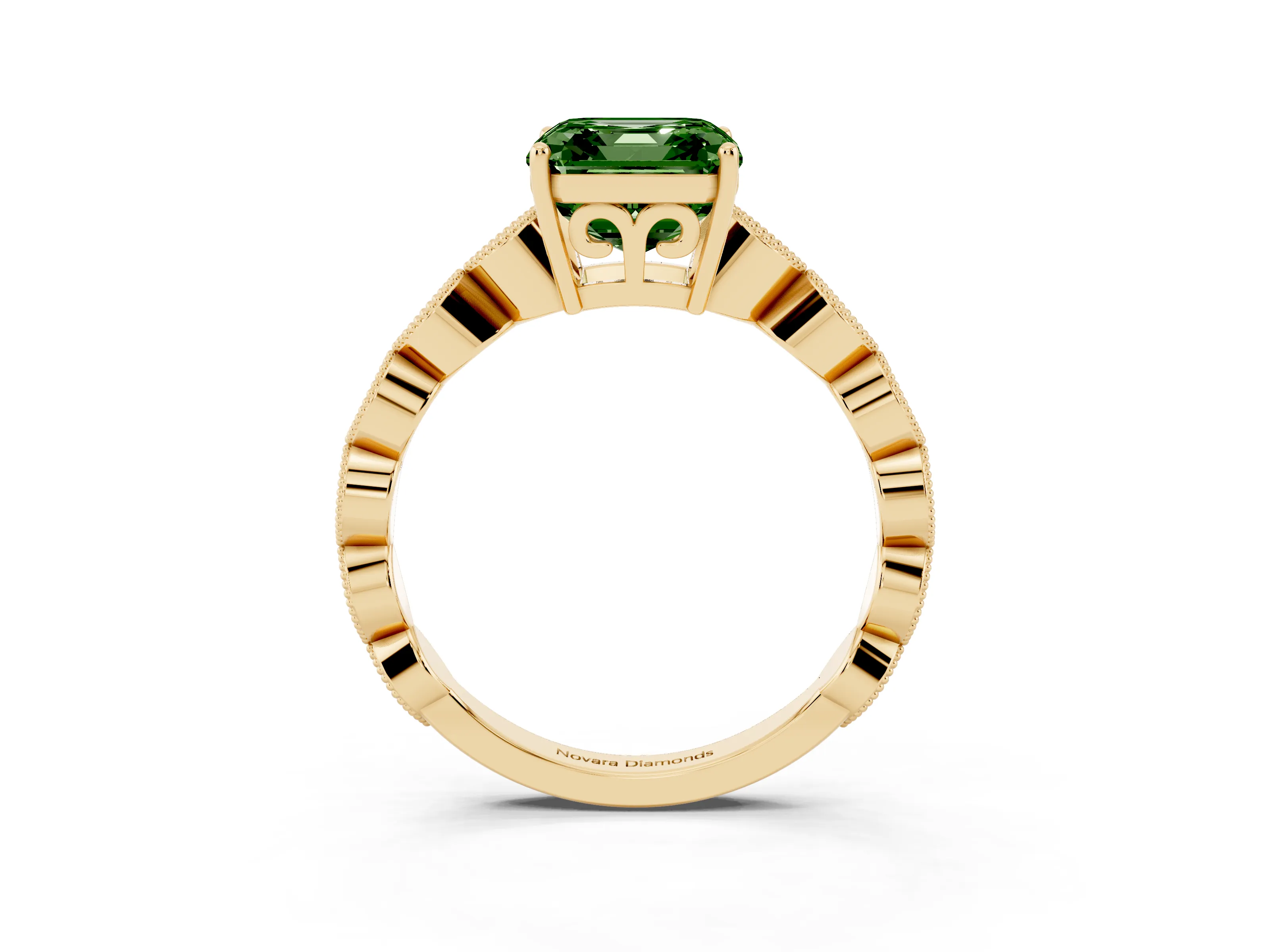 Fancy Green Asscher Cut Diamond Solitaire Ring Set in Yellow gold with Infinity Twist Pavé Band