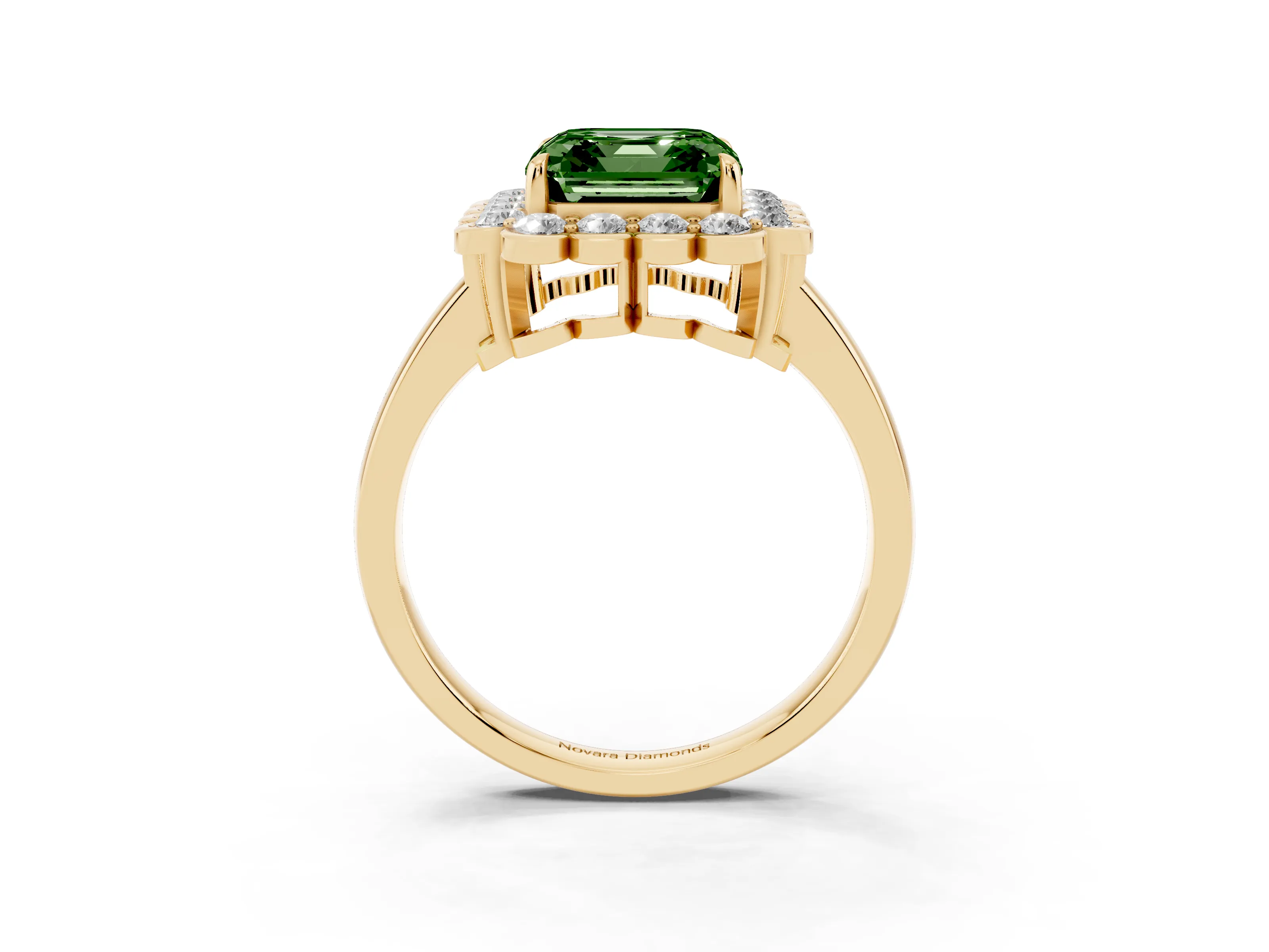 Fancy Green Asscher Cut Diamond Halo Cluster Engagement Ring Set in Yellow gold with Solitaire Band and Prong Setting