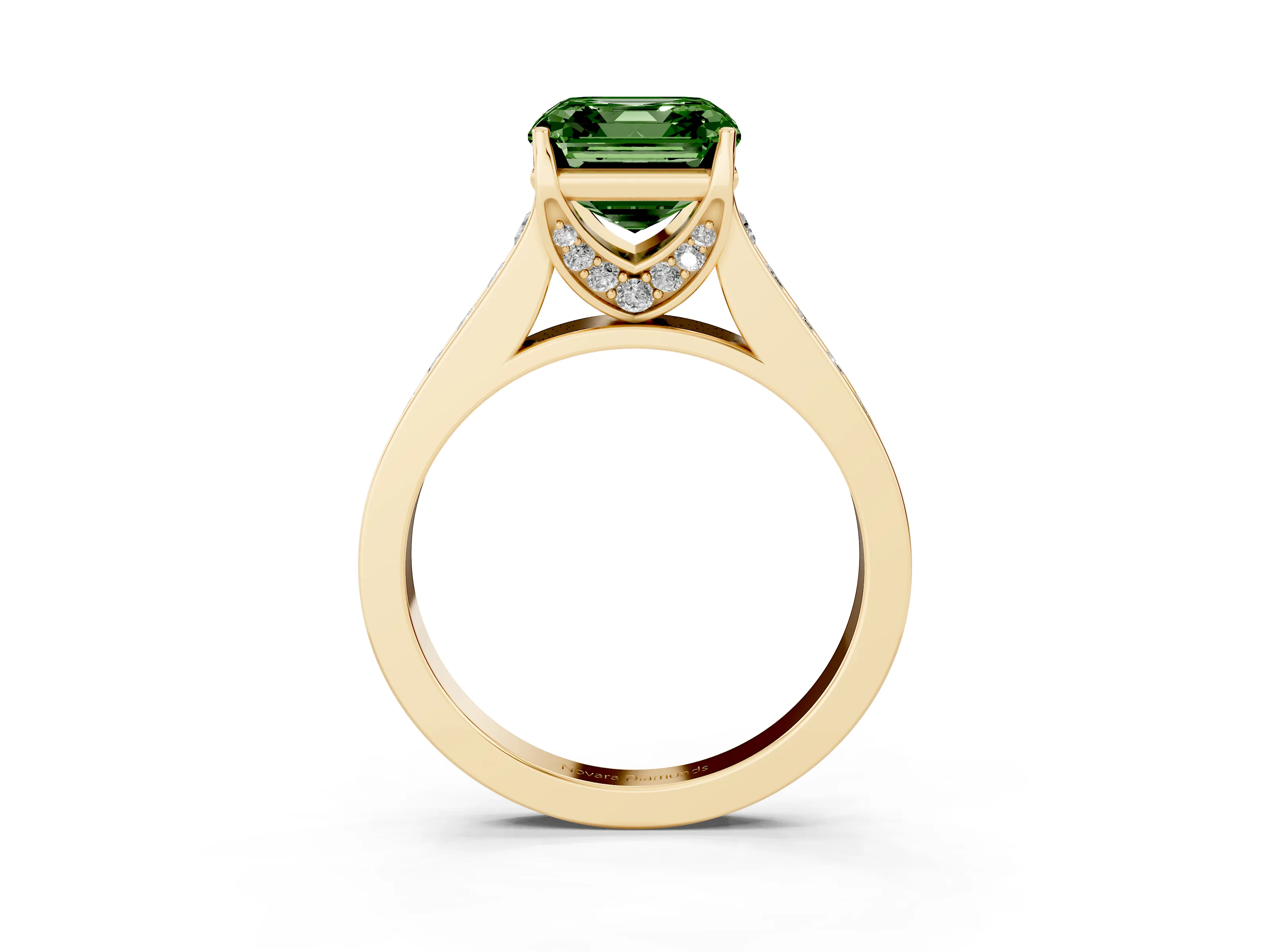 Fancy Green Asscher Cut Diamond Solitaire Pavé Engagement Ring Set in Yellow gold with Prong Setting