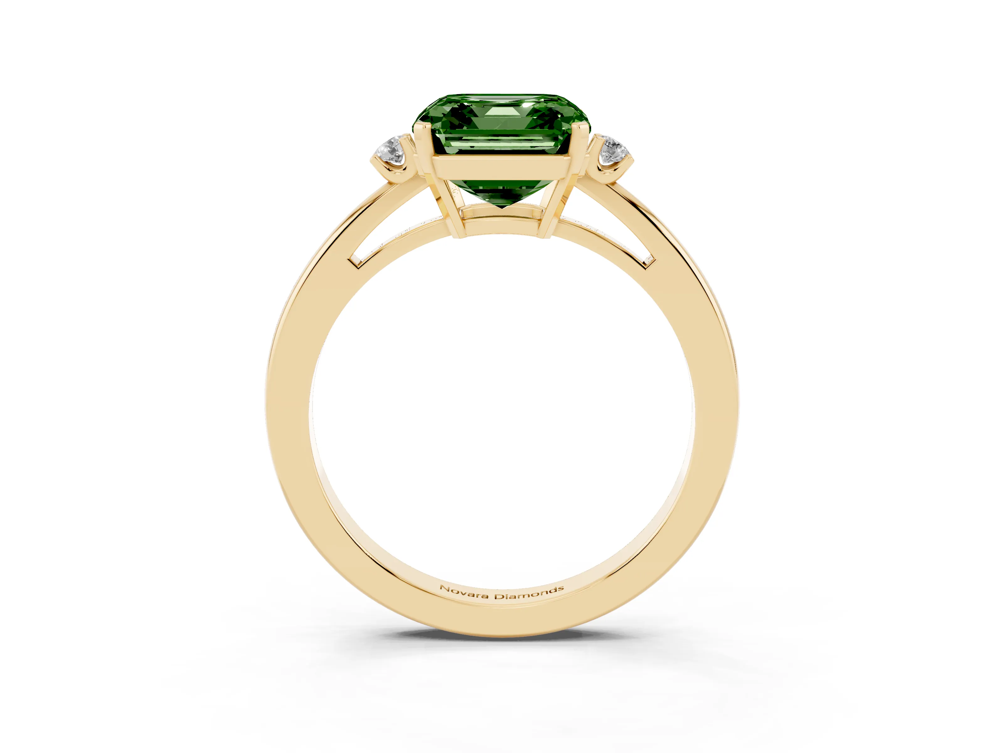Fancy Green Three-Stone Asscher Cut Diamond Solitaire Ring Set in Yellow gold with Round Accent Stones and Prong Setting