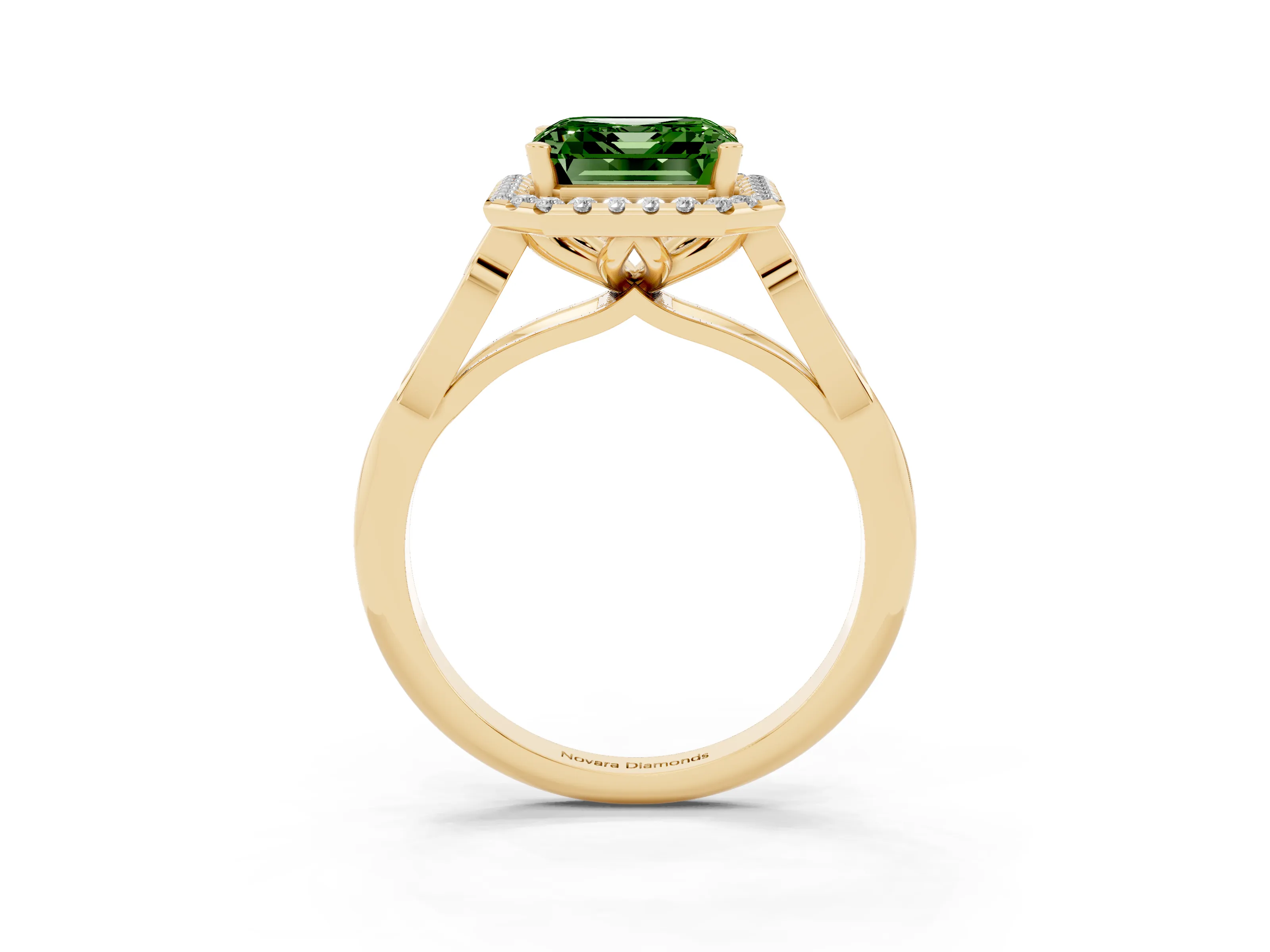 Fancy Green Asscher Cut Diamond Halo Engagement Ring Set in Yellow gold with Filigree Band and Prong-Set Center