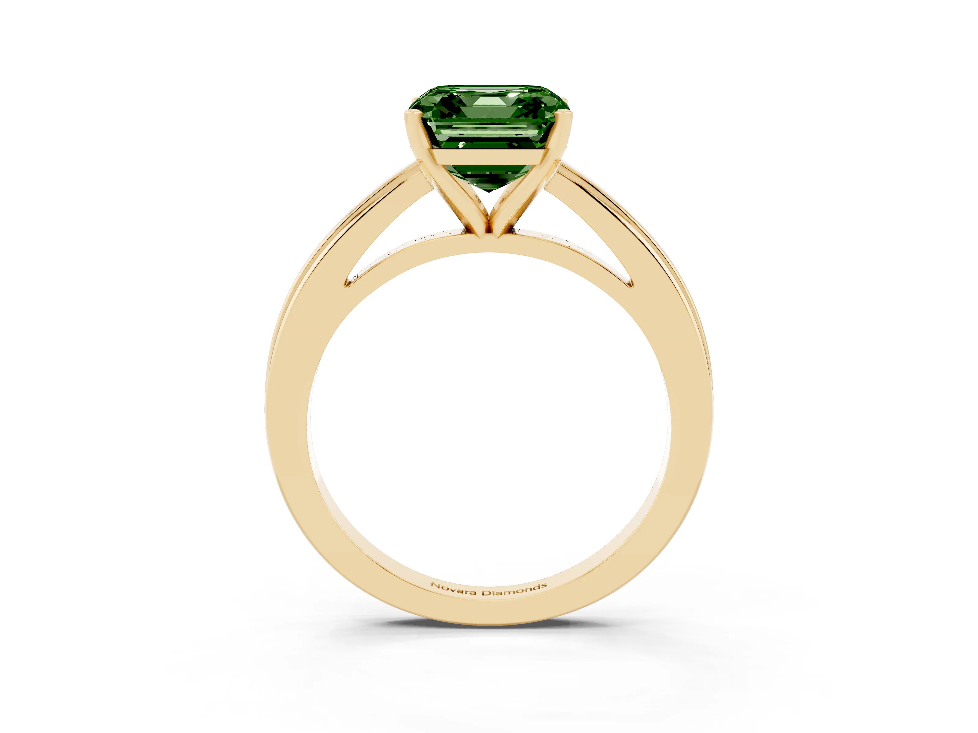 Fancy Green Asscher Cut Diamond Solitaire Ring Set in Yellow gold with Prong Setting and Classic Band