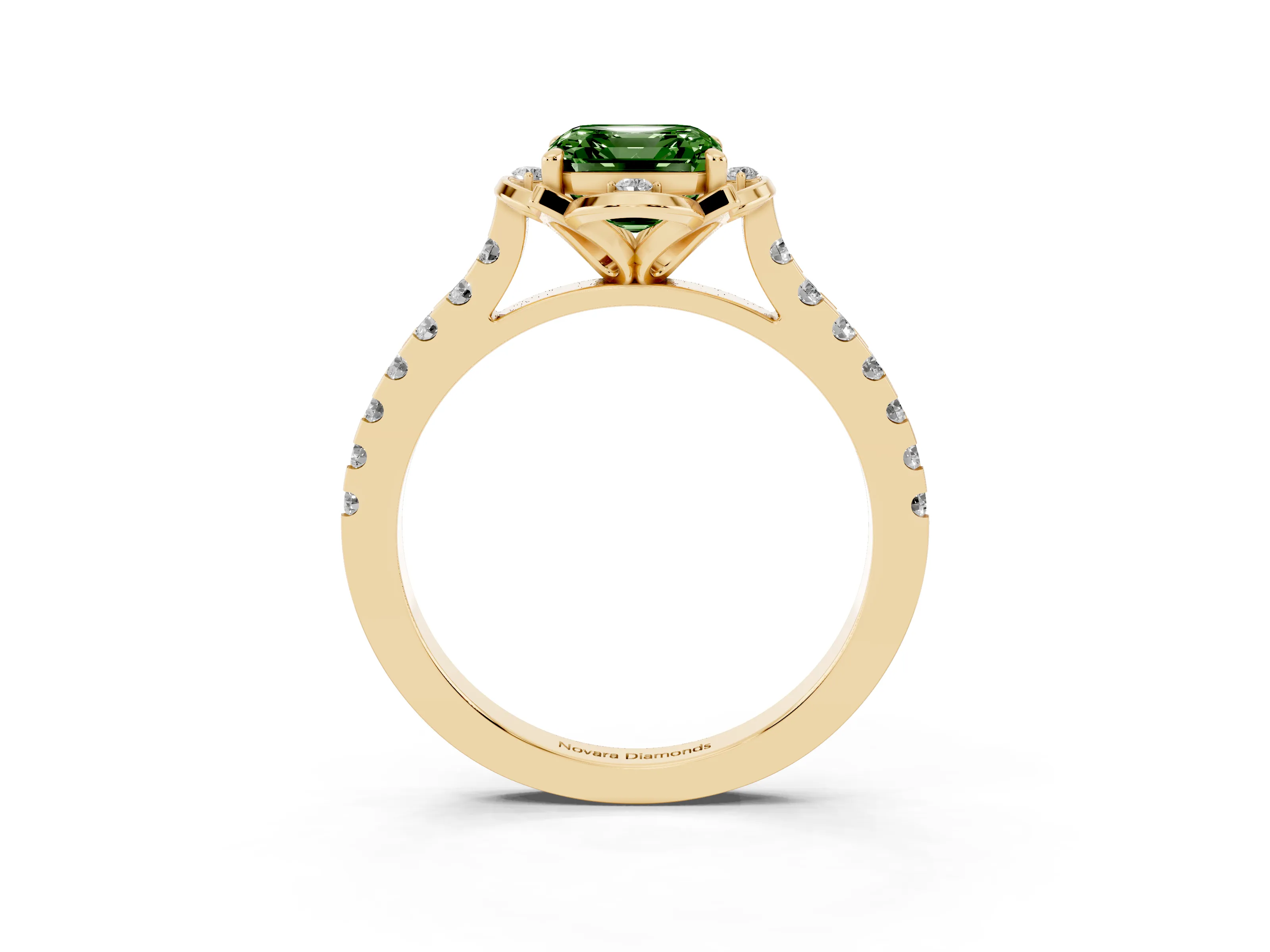 Fancy Green Asscher Cut Diamond Solitaire Ring Set in Yellow gold with Pavé Band and Floral Prong Setting