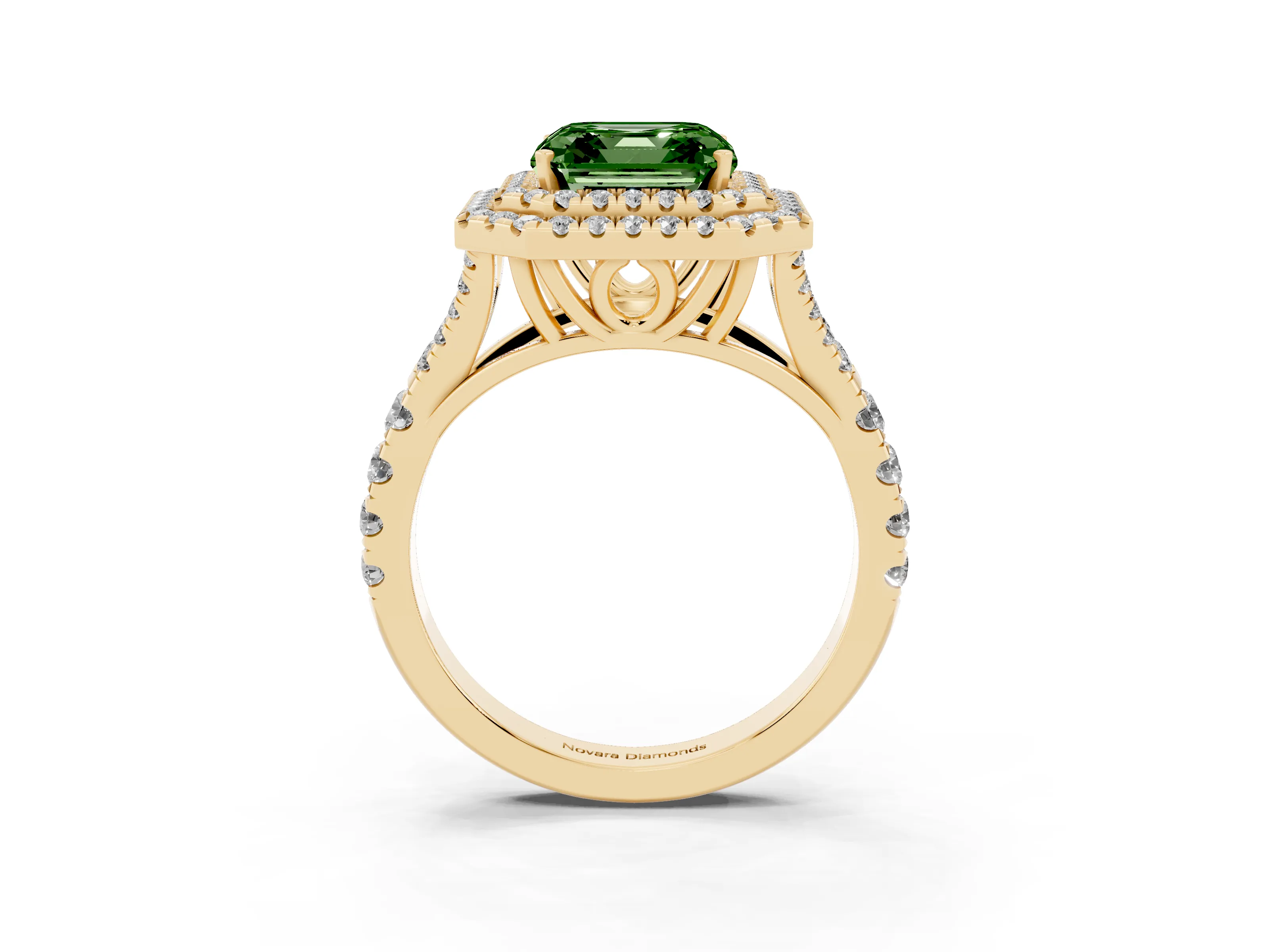 Fancy Green Asscher Cut Diamond Pavé Split Shank Double Halo Engagement Ring Set in Yellow gold