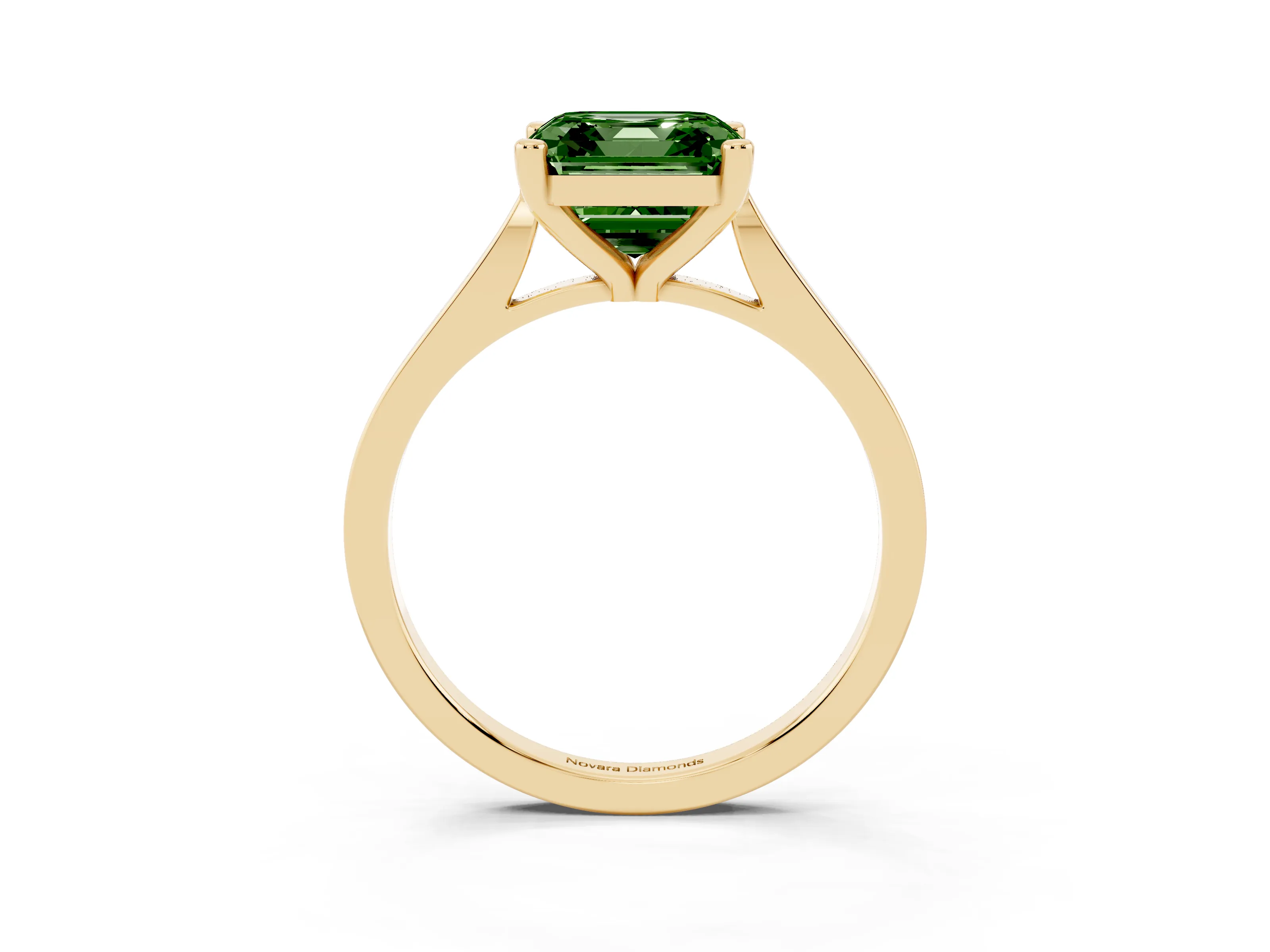 Fancy Green Asscher Cut Diamond Solitaire Ring Set in Yellow gold with Prong Setting and Tapered Band