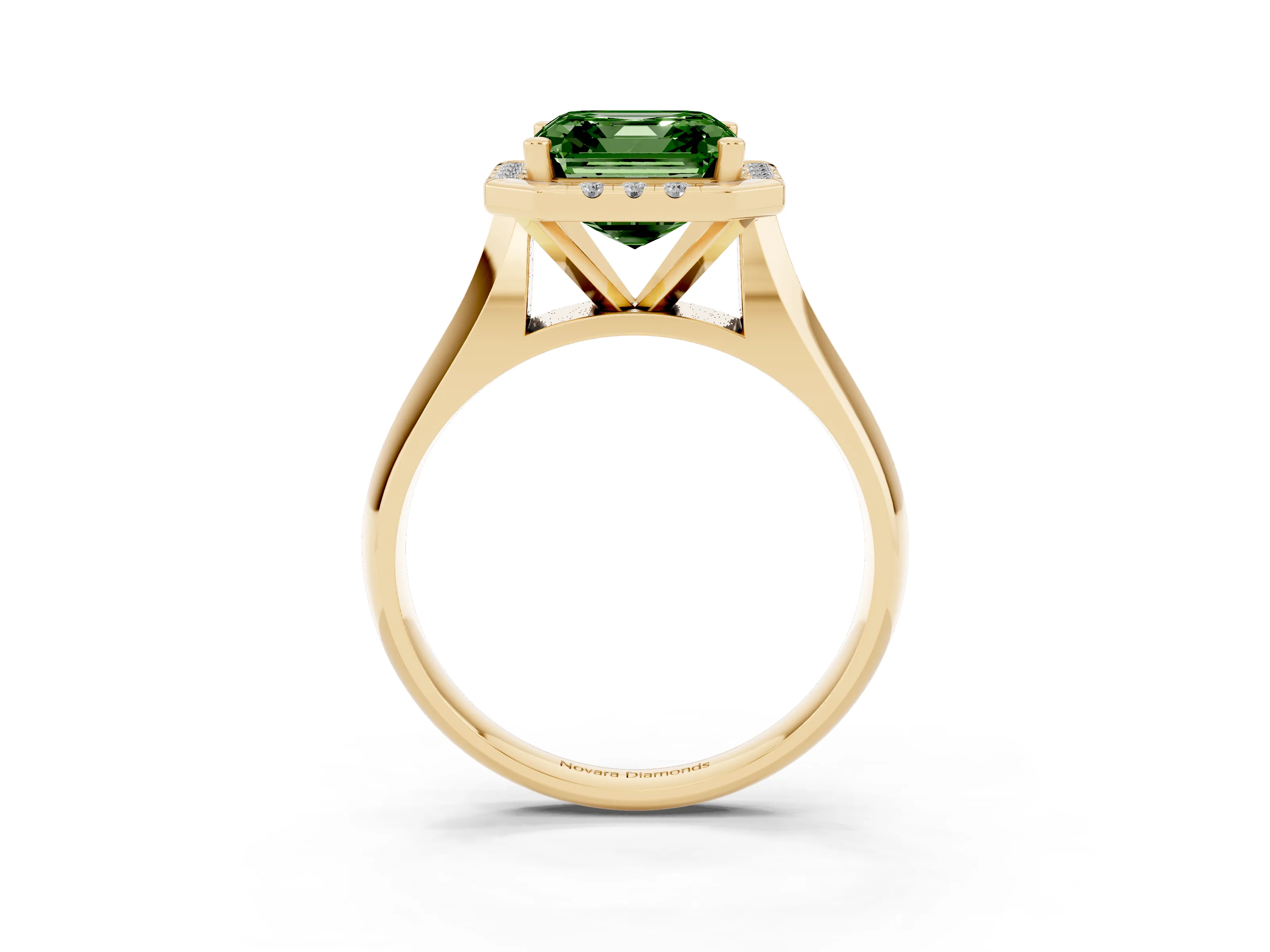 Fancy Green Asscher Cut Diamond Halo Solitaire Engagement Ring Set in Yellow gold with Square Band and Prong Setting