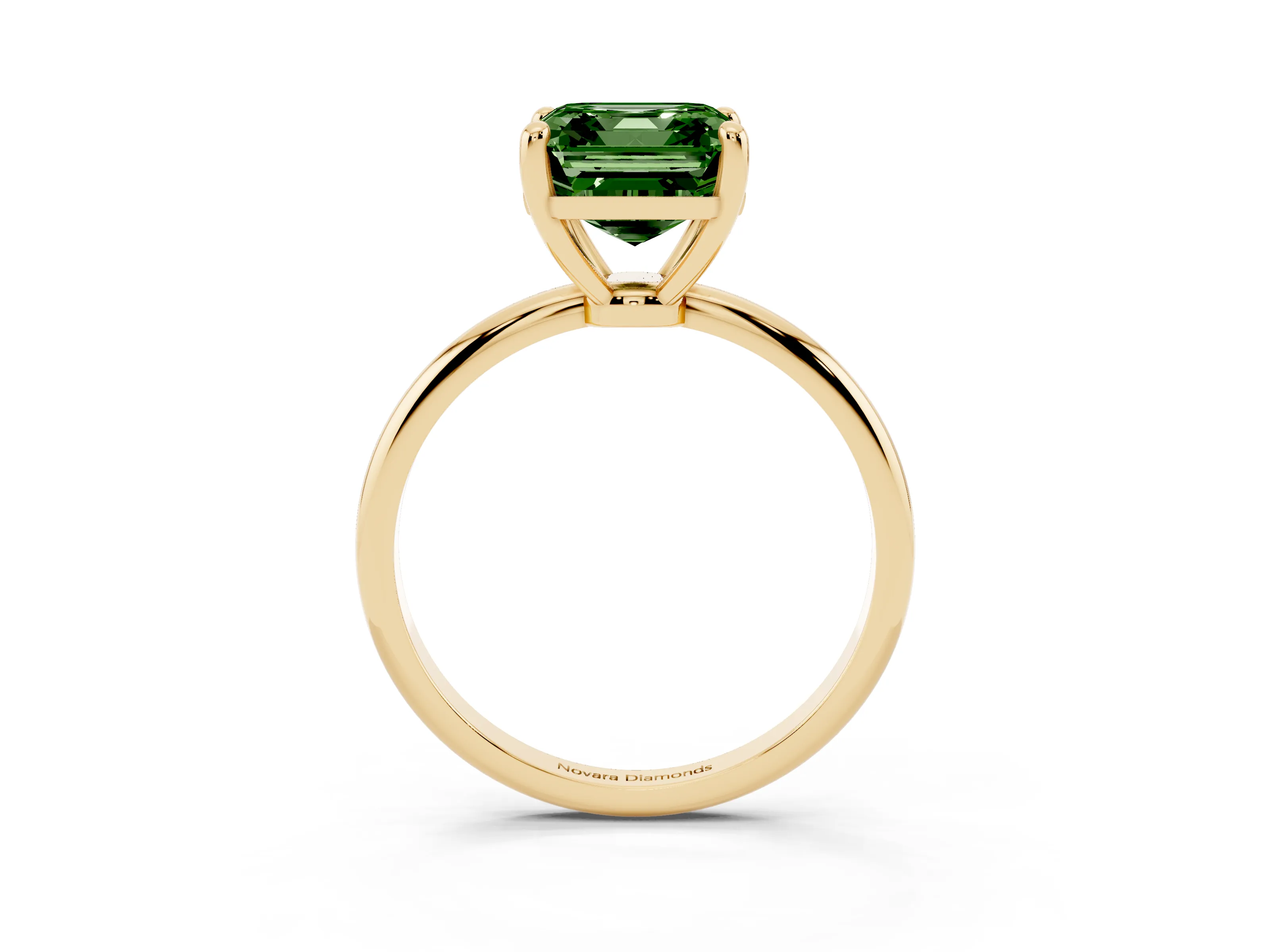 Fancy Green Asscher Cut Diamond Solitaire Ring Set in Yellow gold with Secure Prong Setting on a Classic Band